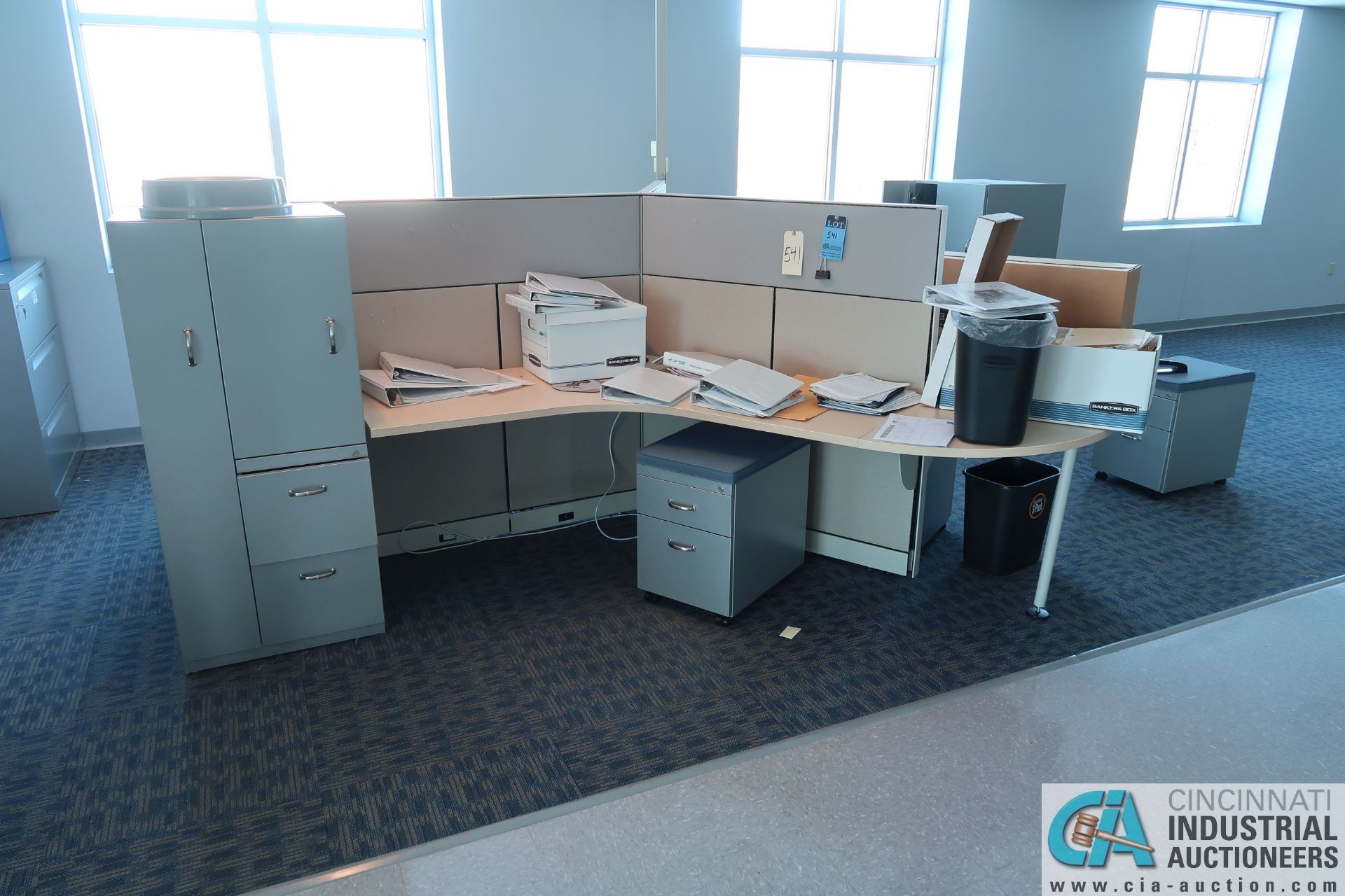 3-STATION MODULAR WORK STATION WITH CHAIRS, PRINTER, AND CABINETS