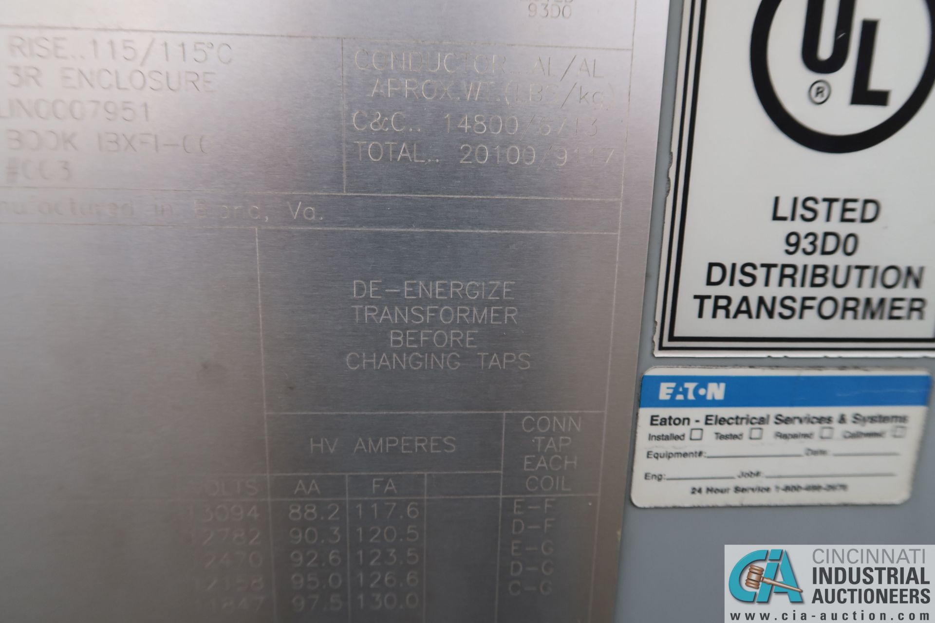 ** 2000/2667 KVA EATON DRY TYPE DISTRIBUTION TRANSFORMER; S/N 1LUBDS90716001, 12,470 HIGH VOLTAGE, - Image 17 of 20