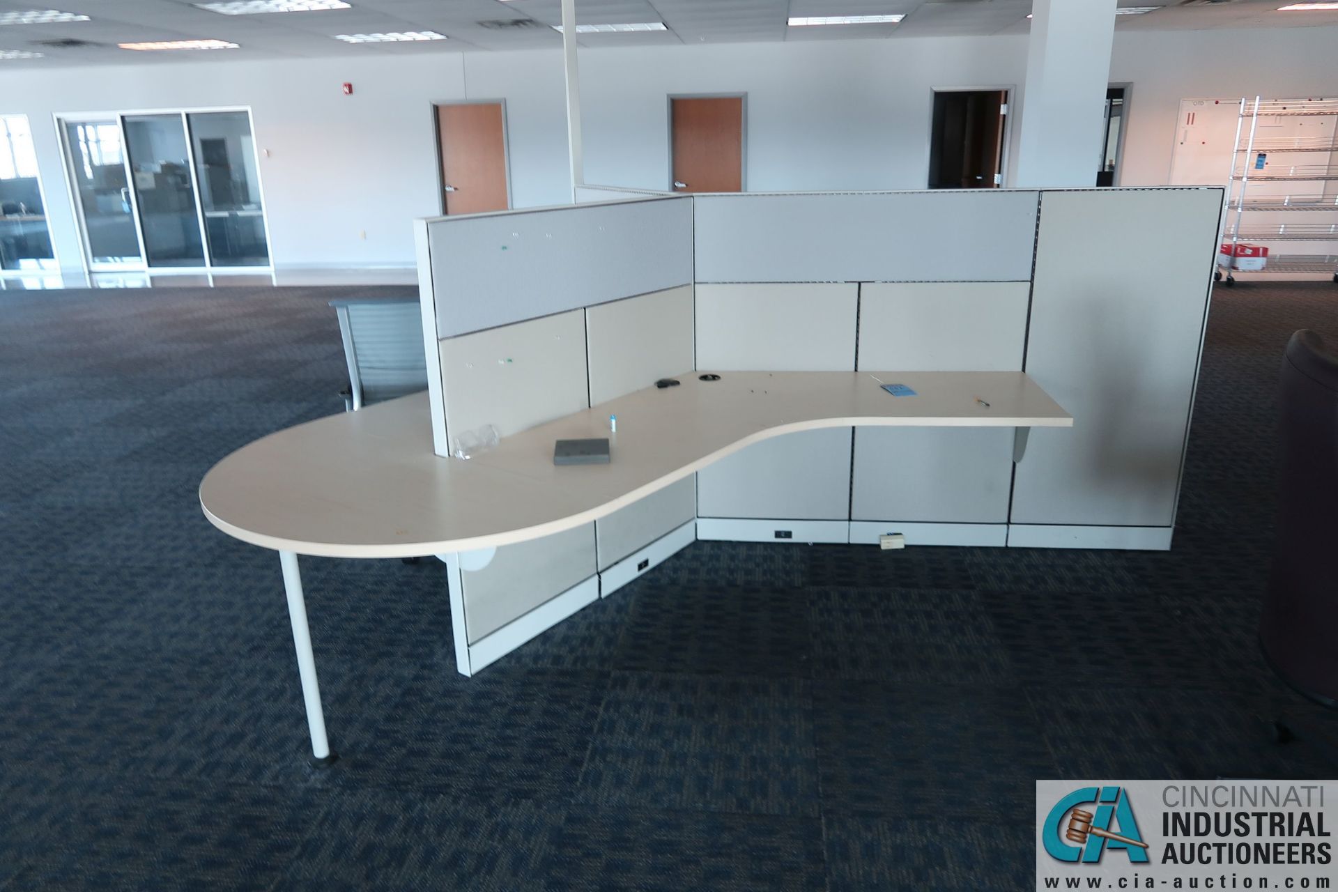 3-STATION MODULAR WORK STATION WITH (1) CHAIR, (2) PARTITION PANELS, (2) LATERAL FILE CABINETS