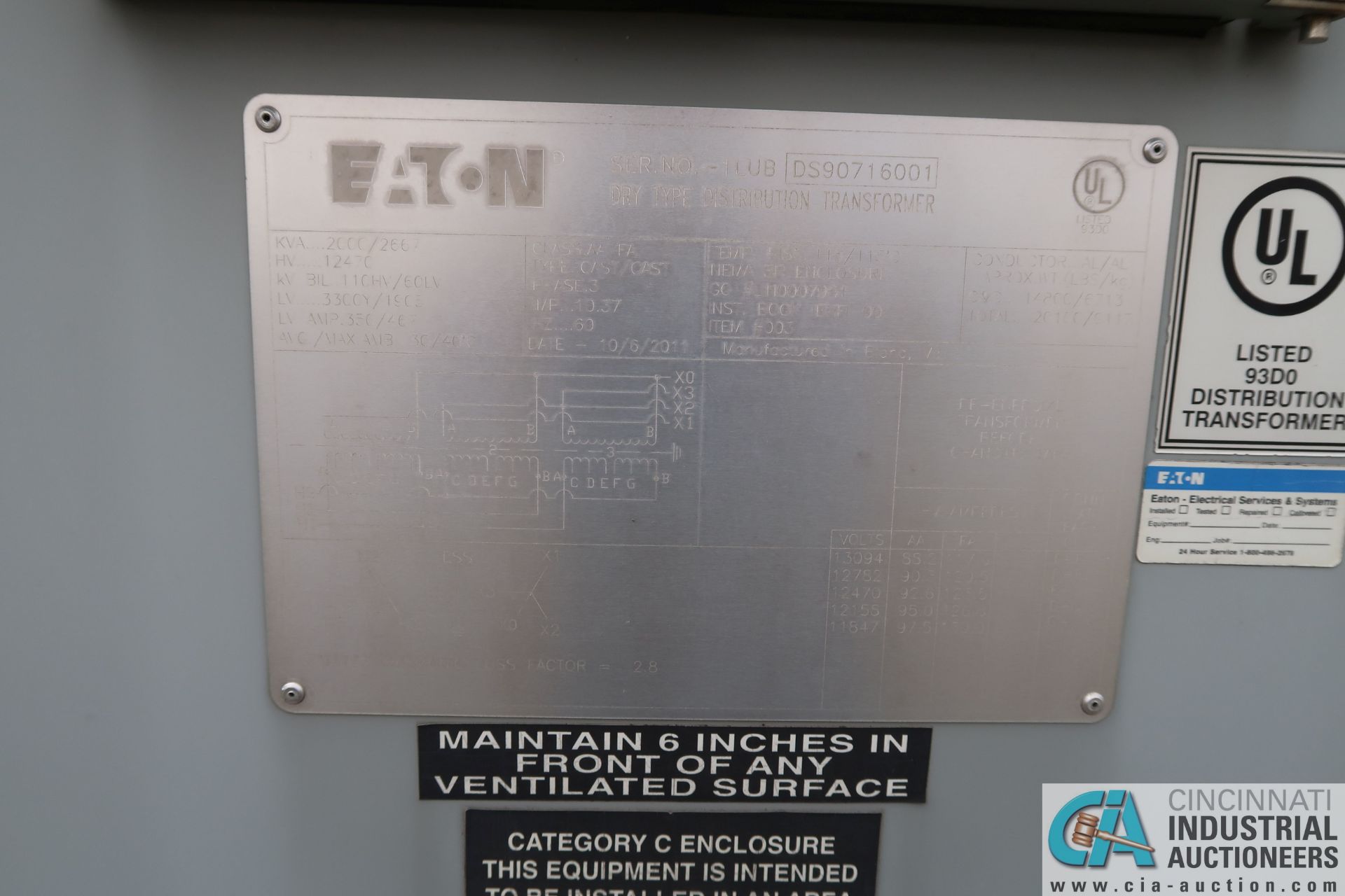 ** 2000/2667 KVA EATON DRY TYPE DISTRIBUTION TRANSFORMER; S/N 1LUBDS90716001, 12,470 HIGH VOLTAGE, - Image 19 of 20