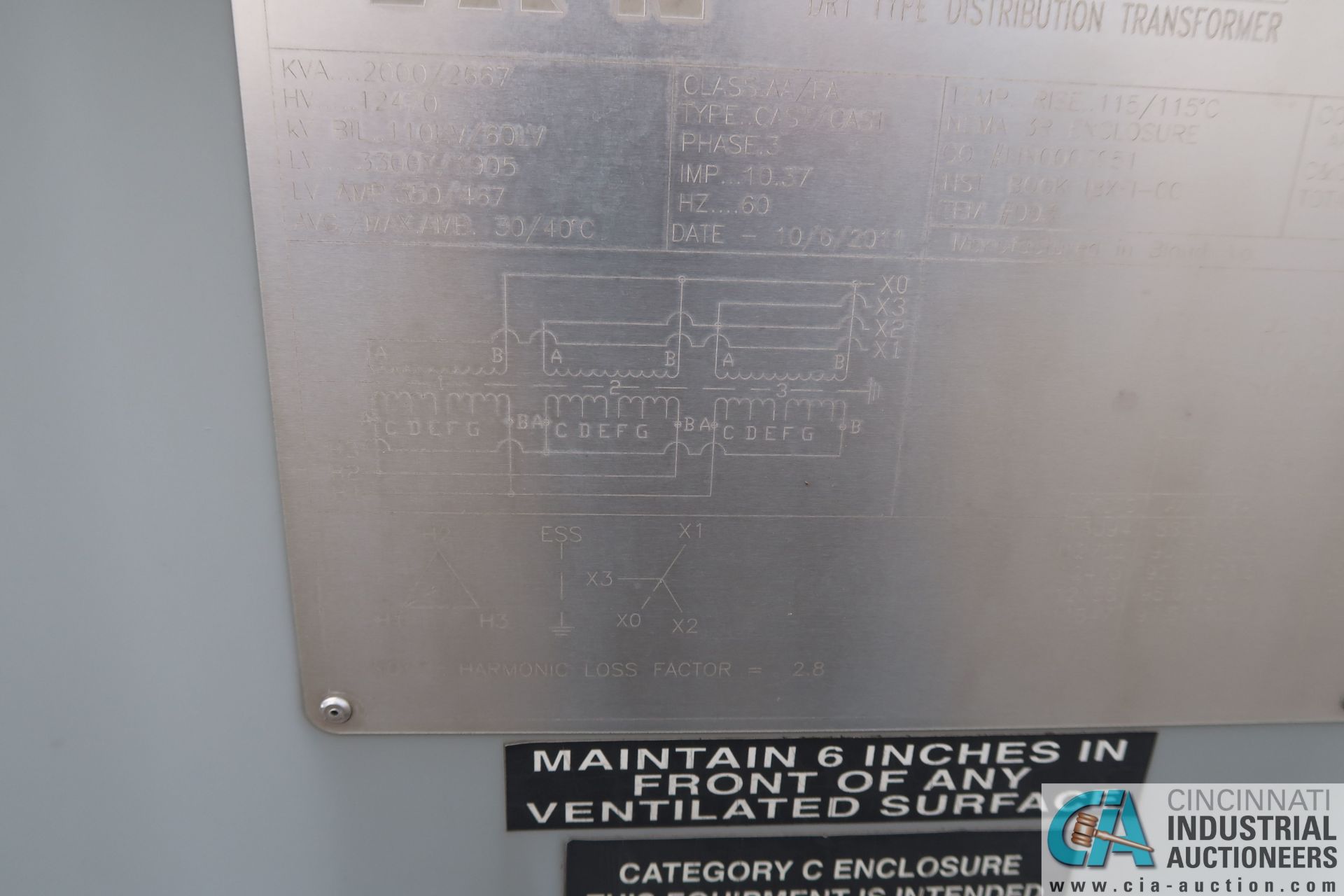 ** 2000/2667 KVA EATON DRY TYPE DISTRIBUTION TRANSFORMER; S/N 1LUBDS90716001, 12,470 HIGH VOLTAGE, - Image 18 of 20