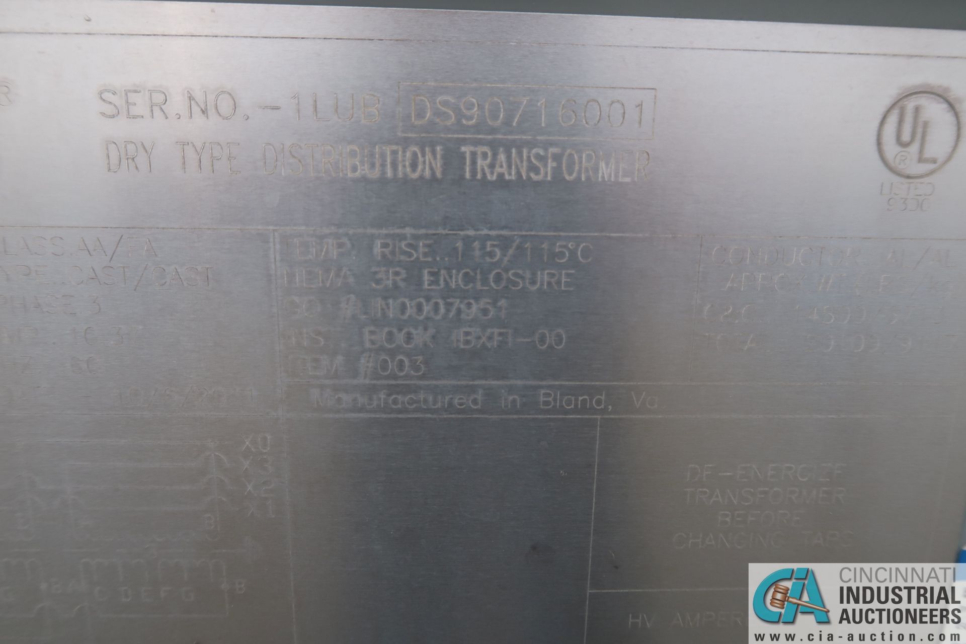 ** 2000/2667 KVA EATON DRY TYPE DISTRIBUTION TRANSFORMER; S/N 1LUBDS90716001, 12,470 HIGH VOLTAGE, - Image 14 of 20