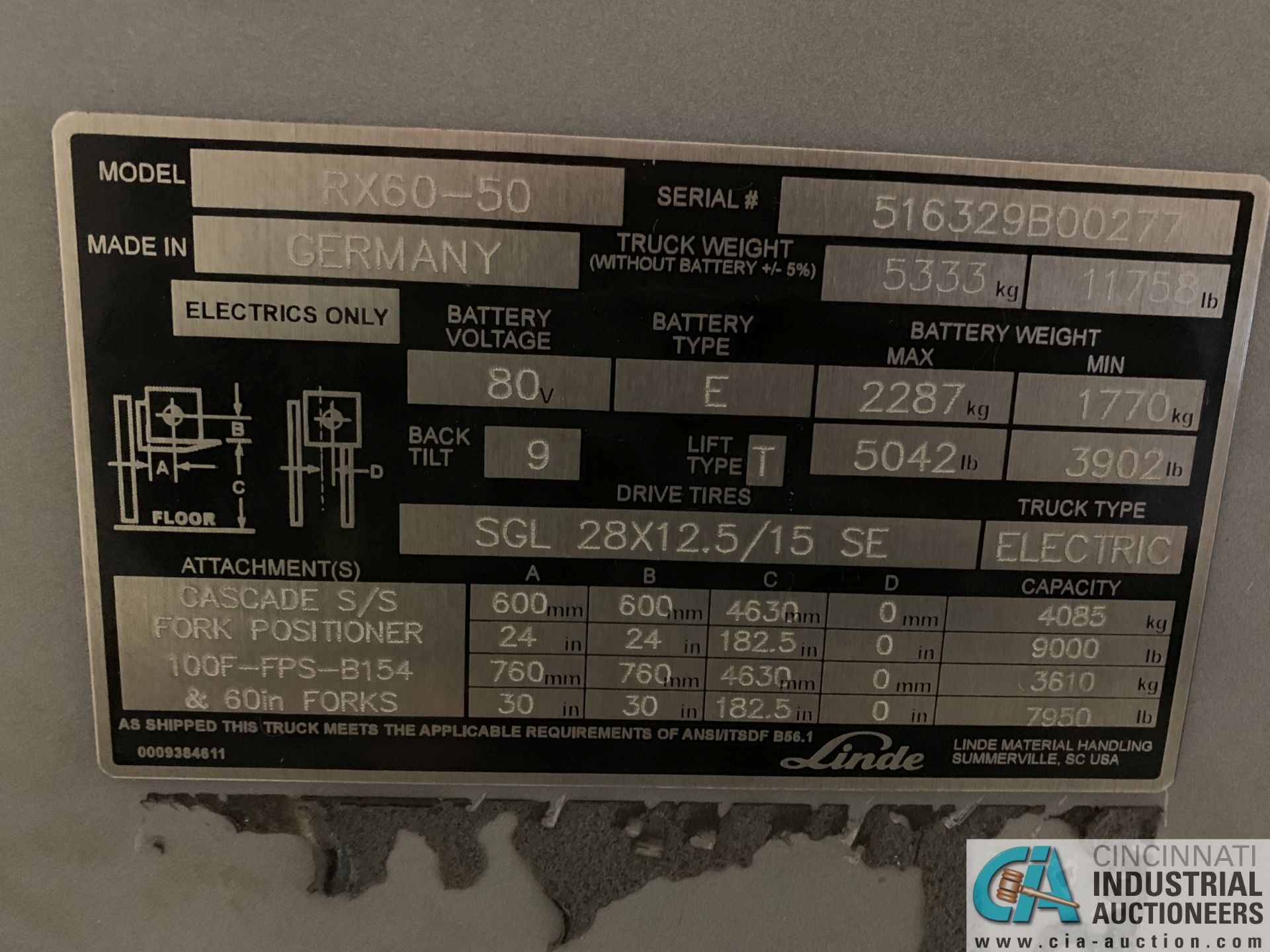 9,000 LB. LINDE MODEL RX60-50 NON-MARKING TIRE ELECTRIC LIFT TRUCK; S/N 516329B00277, 80 VOLT - Image 7 of 7