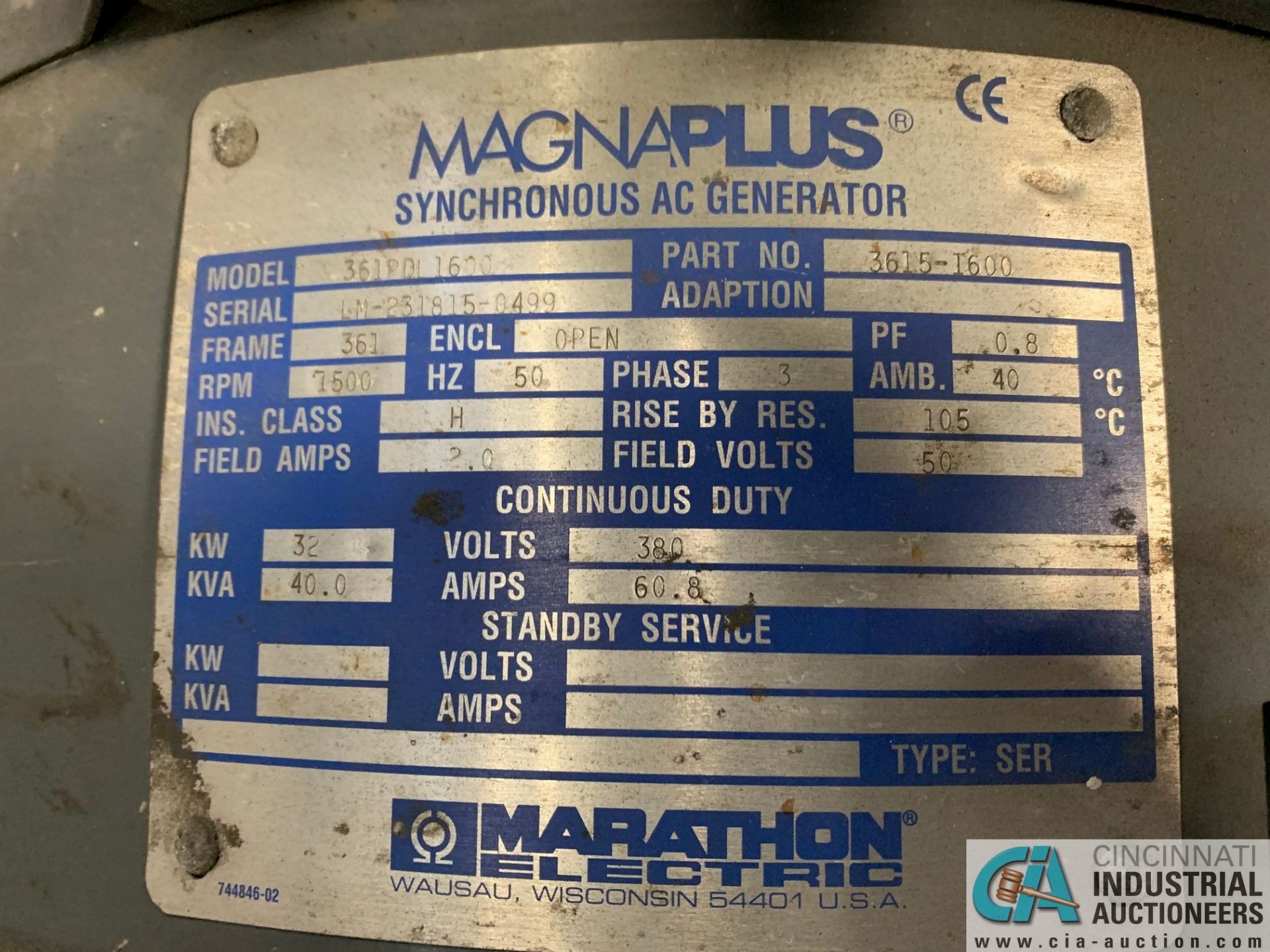 32 KW MARATHON MAGNAPLUS MODEL 361PDL1600 50 CYCLE ELECTRIC GENERATOR; S/N LM-231815-0499, 40 KVA, - Image 7 of 13