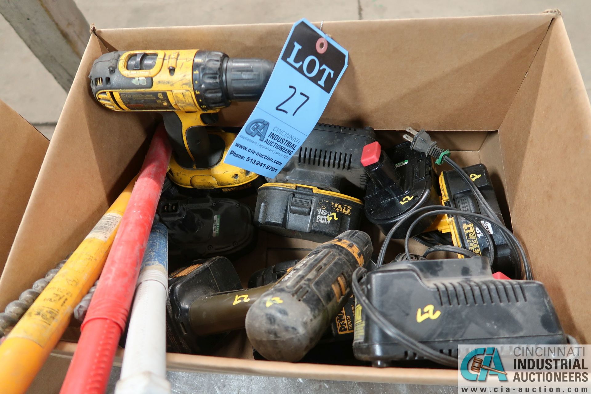 (LOT) DEWALT CORDLESS TOOLS, BATTERIES, AND CHARGERS INCLUDING (2) 1/2" DRILLS