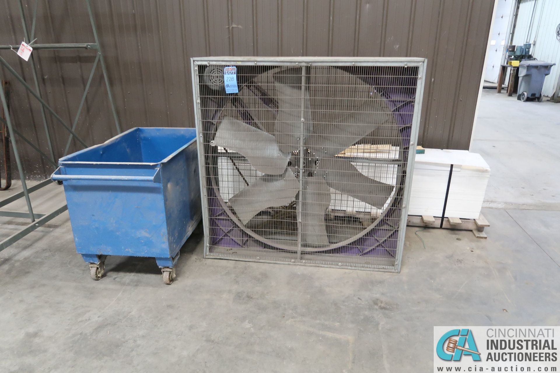 (LOT) 48" BOX FAN, STEEL CONTAINER AND SKID OF 15" WIDE PLASTIC SHEET