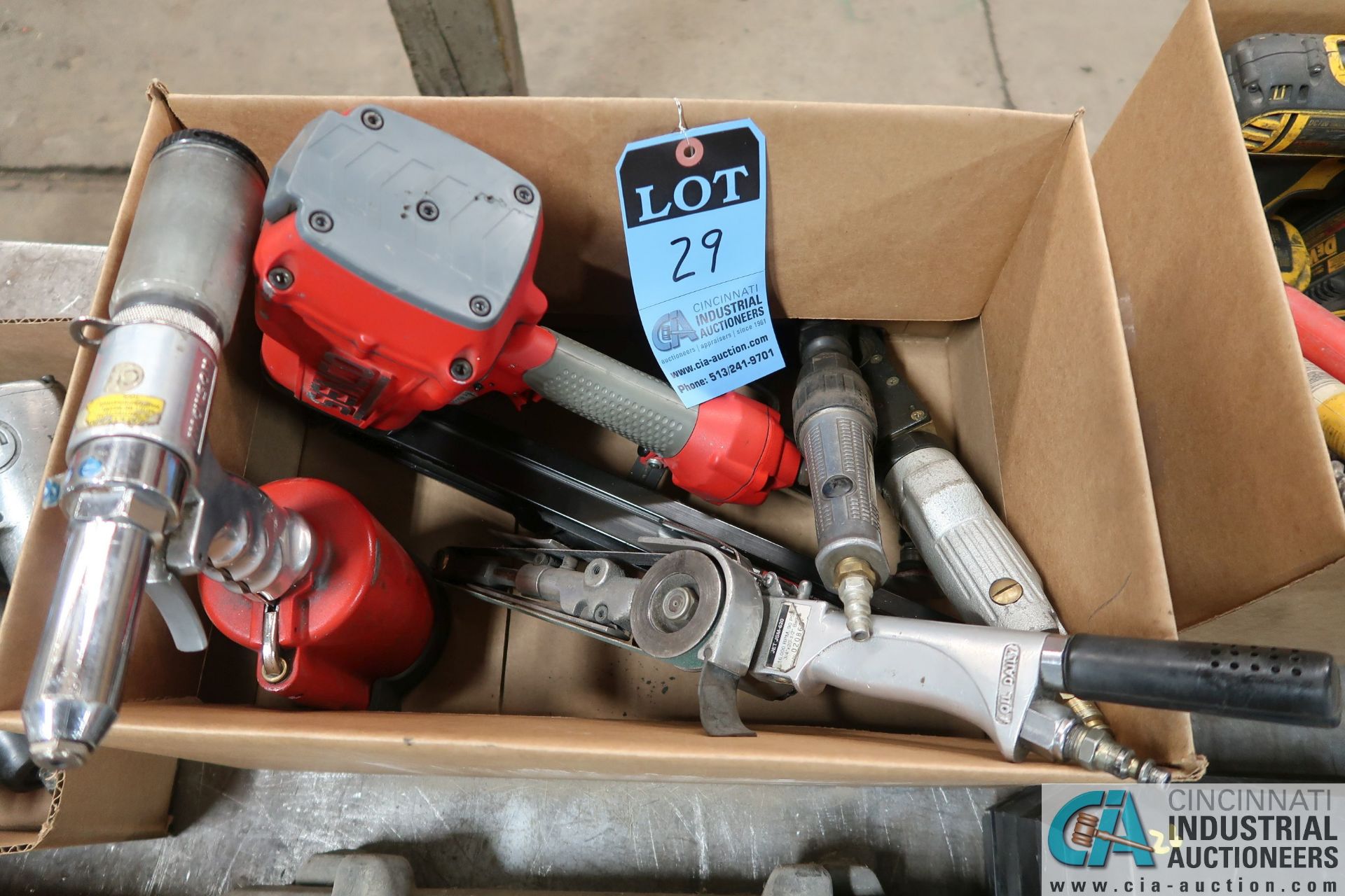 (LOT) PNUEMATIC TOOLS INCLUDING NAIL GUN, POP RIVETER, ANGLE GRINDER, 3/4" BELT SANDER