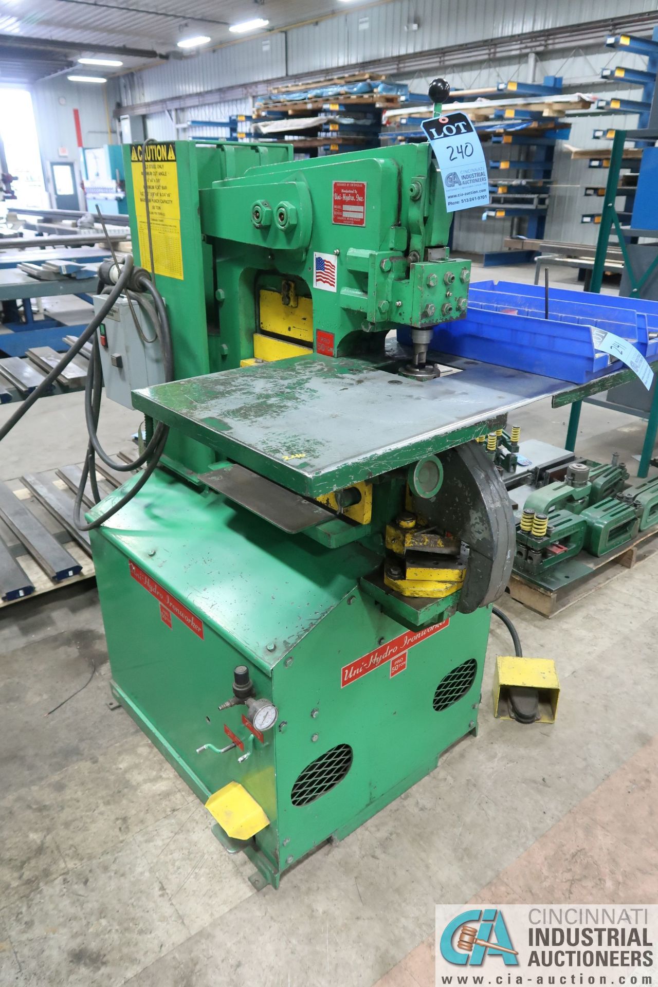 50 TON UNI-HYDRO MODEL P50-14 HYDRAULIC IRONWORKER; S/N 3P880-X, FOOT PEDAL, NOTCHER, PLATE SHEAR