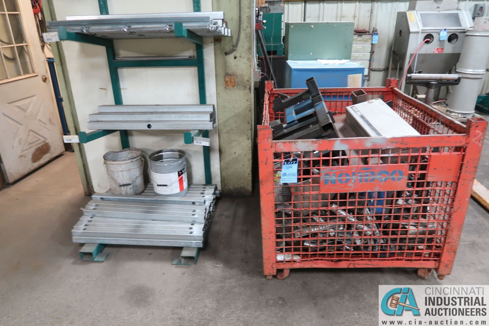 (LOT) SCRAP METAL ON RACK AND STEEL BIN ** NO RACK **