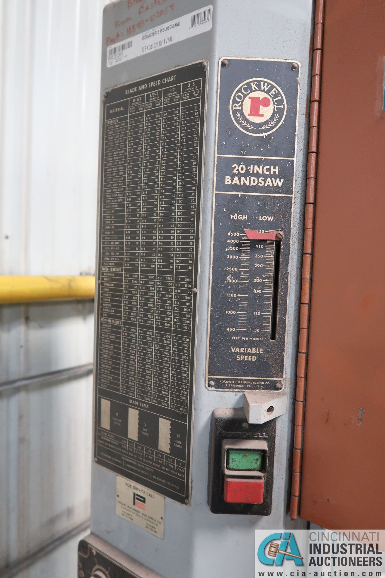 20" ROCKWELL VERTICAL BAND SAW; BLADE WELDER, 24" X 24" TABLE, VARIABLE SPEED - Image 2 of 5