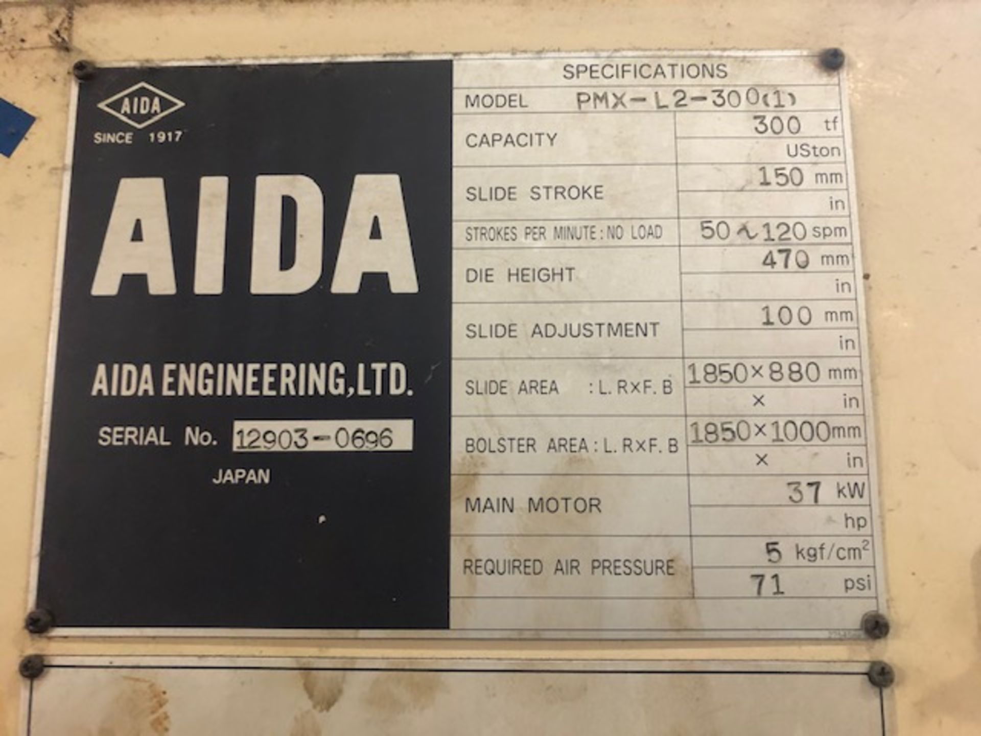 330 TON AIDA MODEL PMX-L2-300(1) STRAIGHT SIDE DOUBLE CRANK PRESS; S/N 12903-0696, 5.90" STROKE, - Image 5 of 10