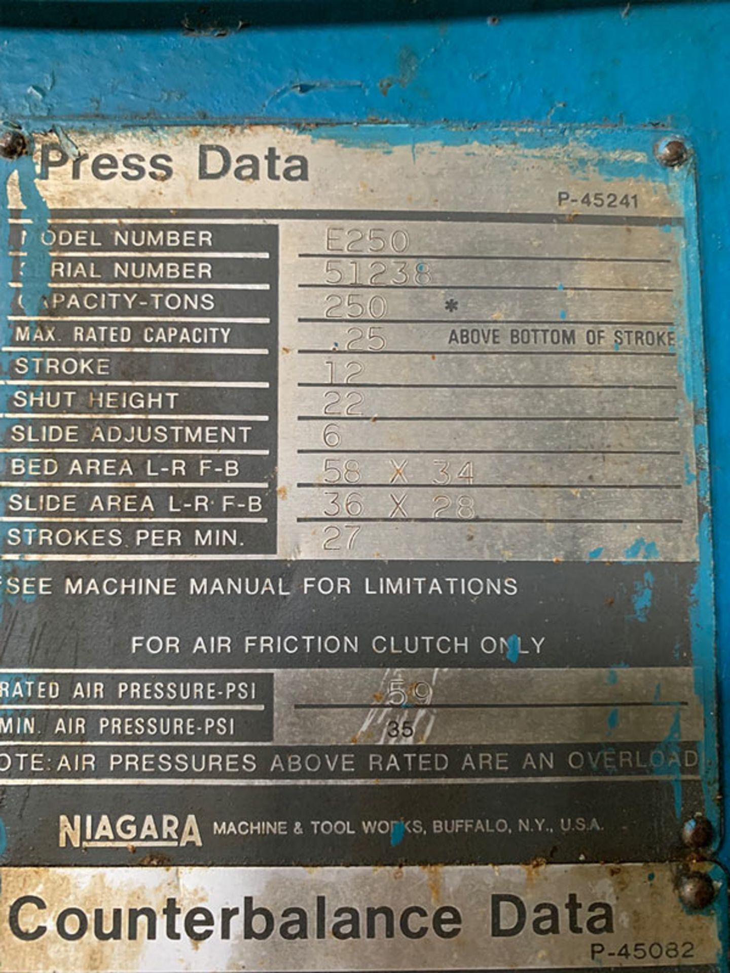 250 TON NIAGARA MODEL E250 GAP FRAME PRESS; S/N 51238, 58" LEFT TO RIGHT X 34" FRONT TO BACK BED, - Image 11 of 11