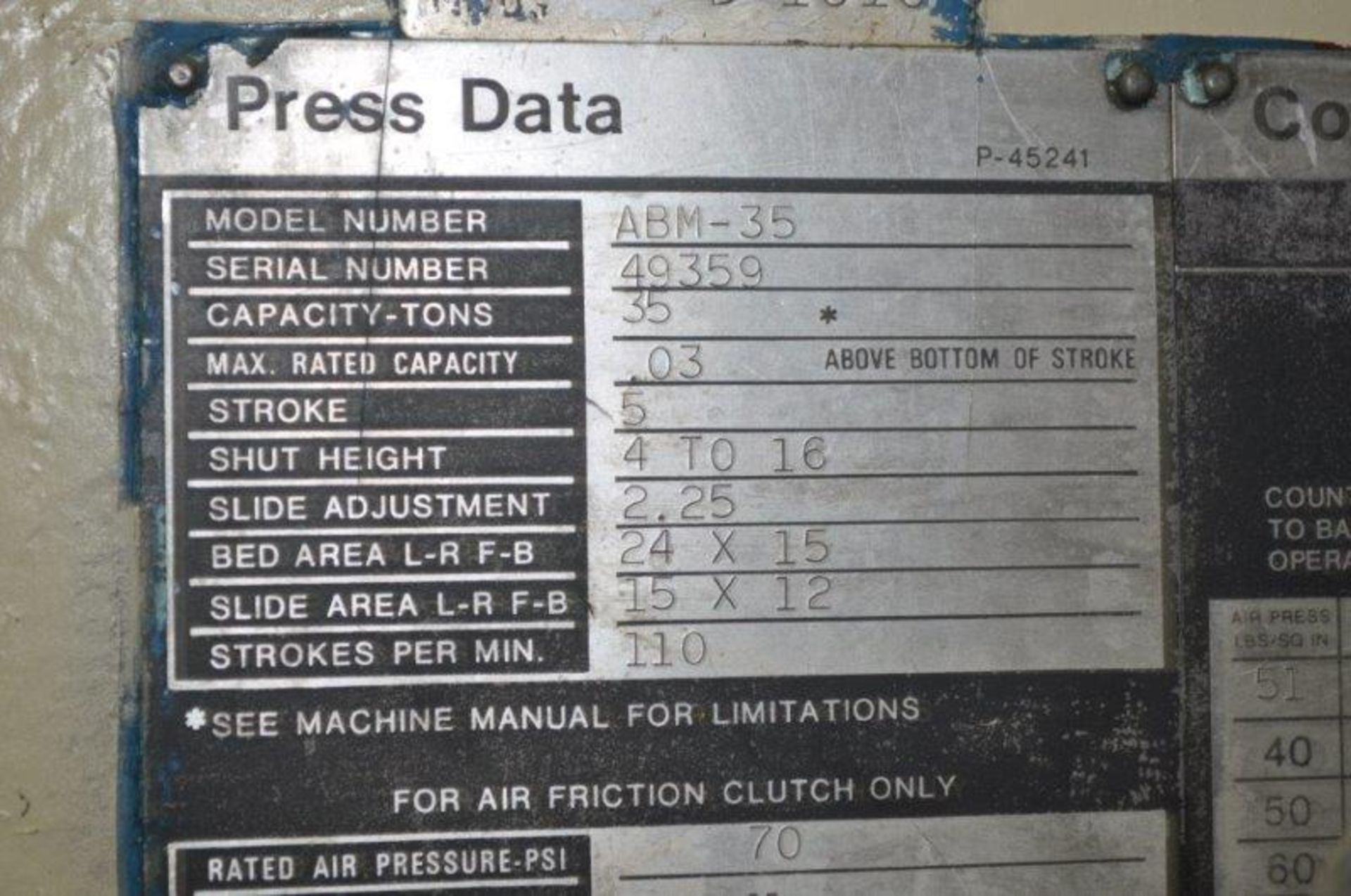 35 TON NIAGARA MODEL AMB-35 ADJUSTABLE BEND HORN PRESSES; S/N 49359, 24" LEFT TO RIGHT X 16" FRONT - Image 9 of 9