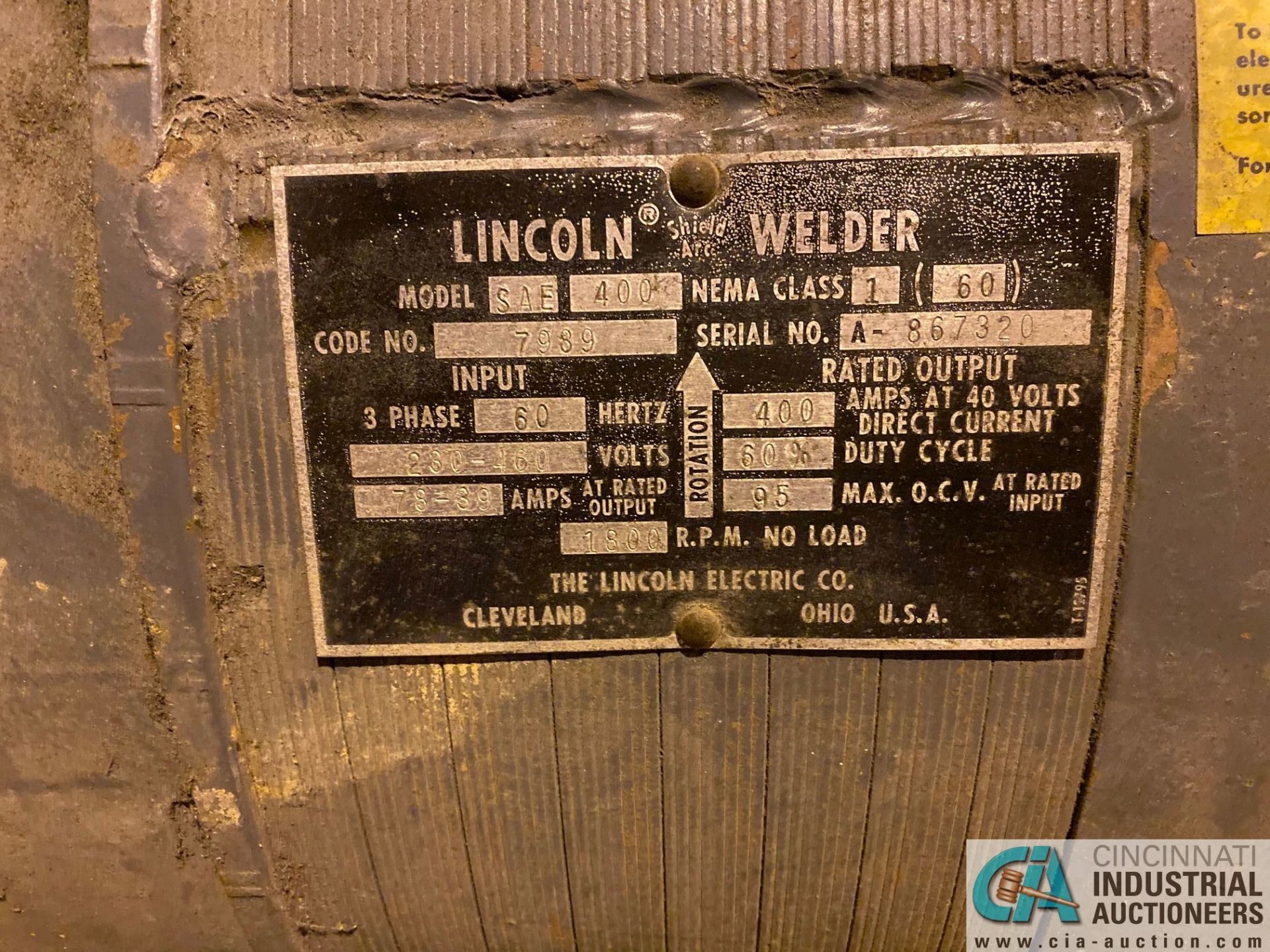 LINCOLN MODEL SAE-400 WELDER; S/N A-867320 - Image 3 of 3