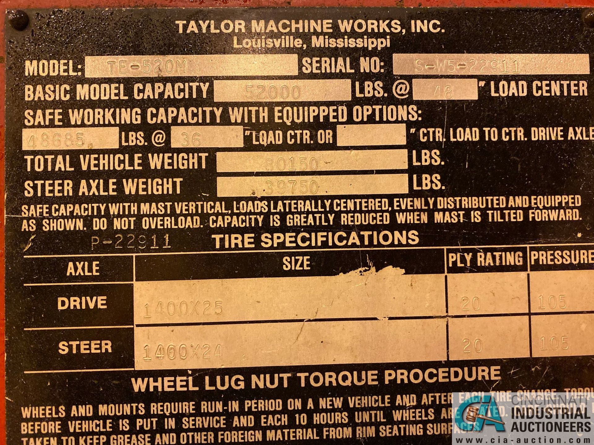 52,000 LB TAYLOR MODEL TE-520M DIESEL PNEUMATIC TIRE LIFT TRUCK; S/N S-W5-2291, 3,567 HOURS SHOWING, - Image 9 of 19