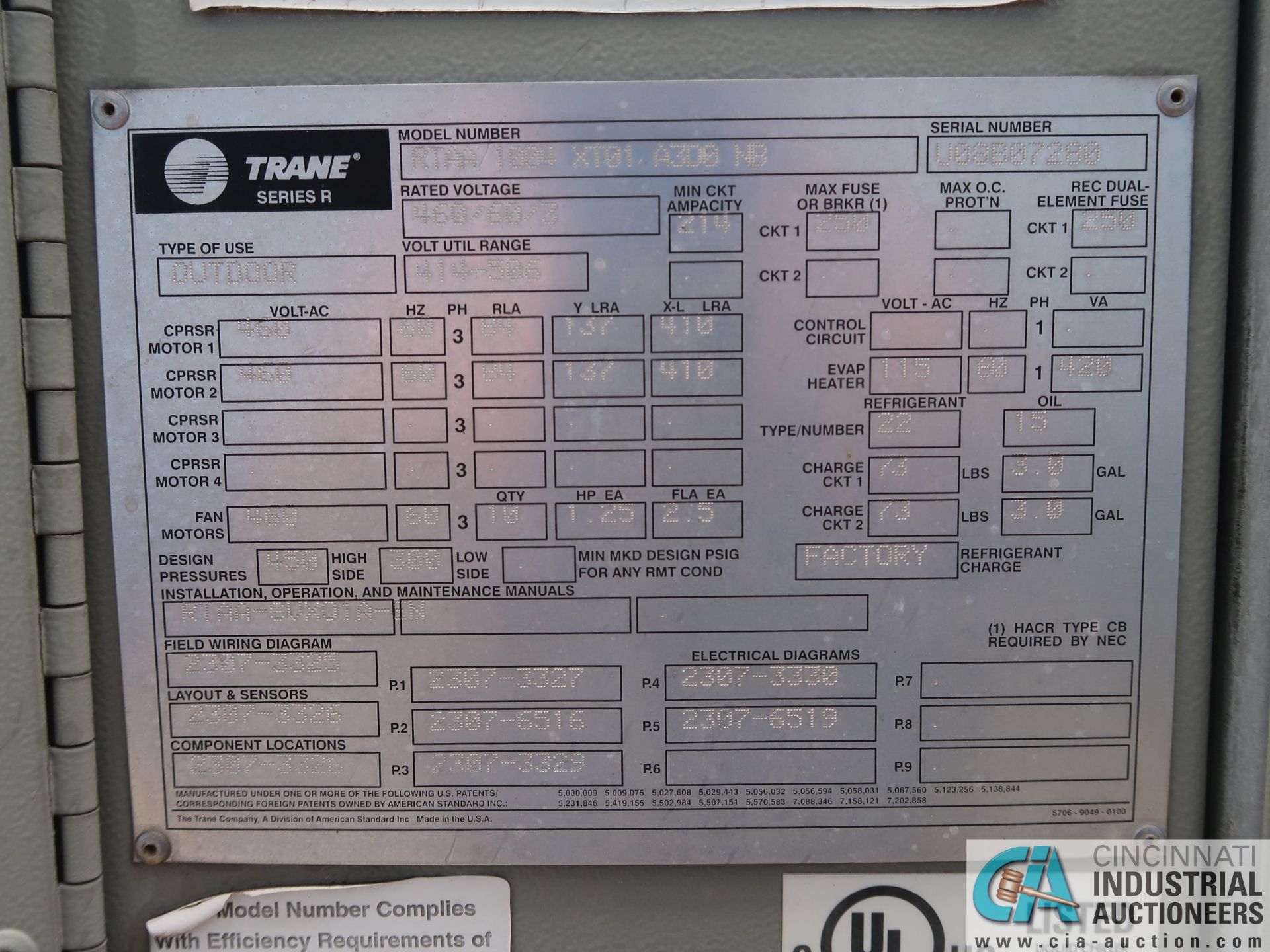 TRANE MODEL RTAA1004XTD1 AIR COOLED COMPRESSOR; S/N U08B07280 - Image 5 of 6