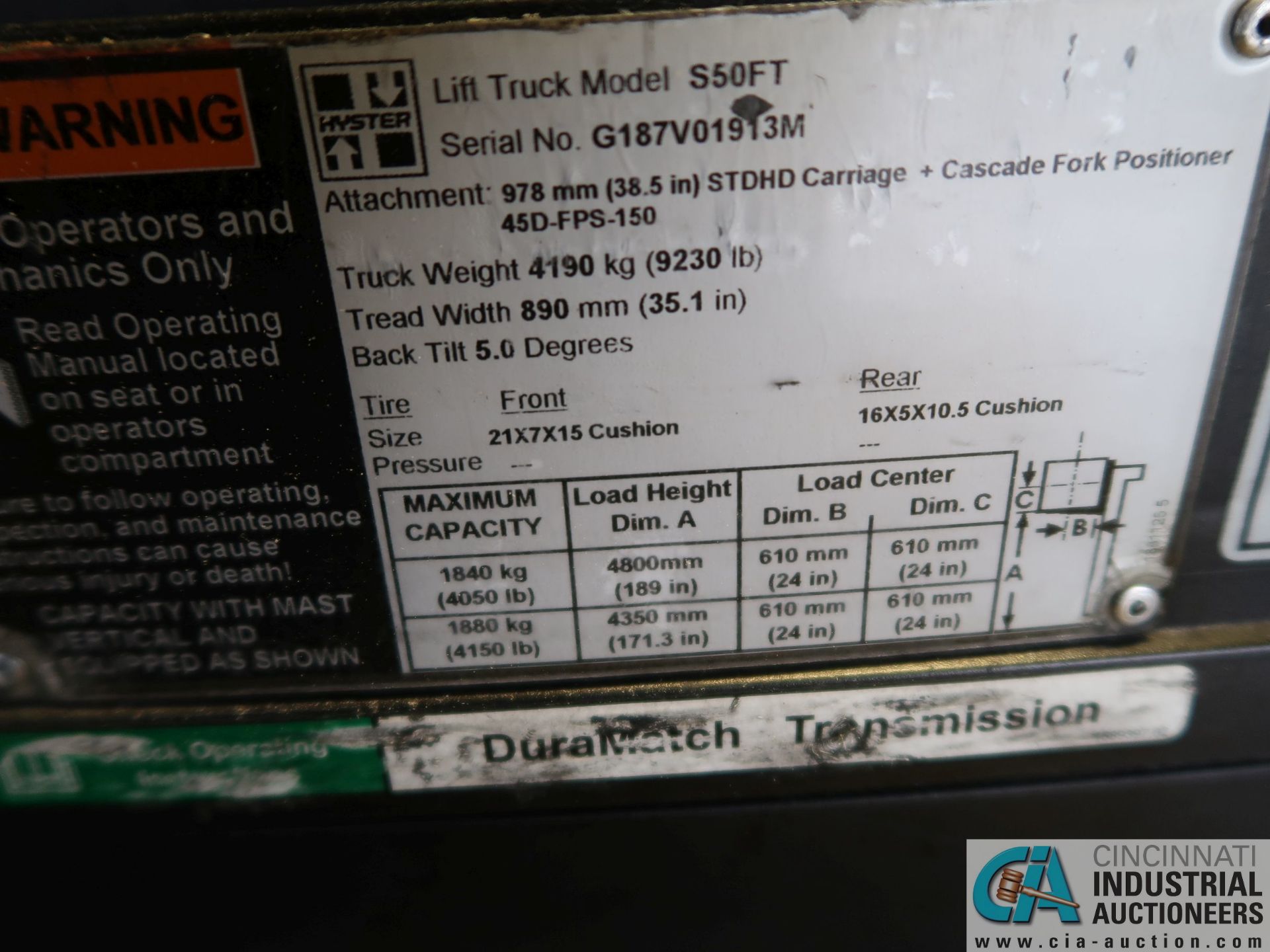 5,000 LB. HYSTER MODEL S50FT LPG SOLID TIRE FORK LIFT; S/N G187V01913M, 189" LIFT, 75" CASCADE MODEL - Image 19 of 19