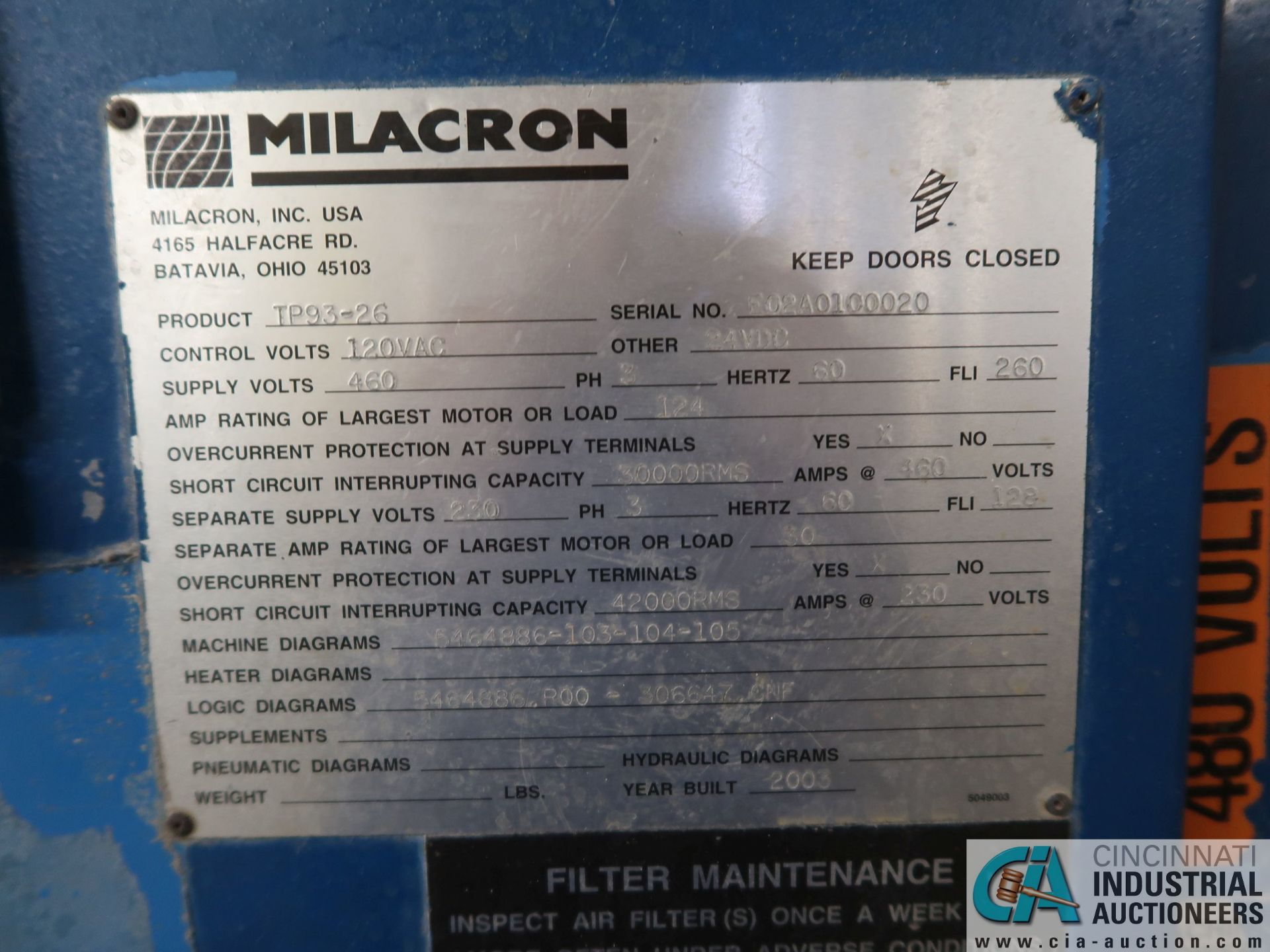 93-MM CINCINNATI MILACRON MODEL TP93-26 EXTRUDER; S/N E02A0100020 (NEW 2003) 100 HP MOTOR - Image 19 of 23