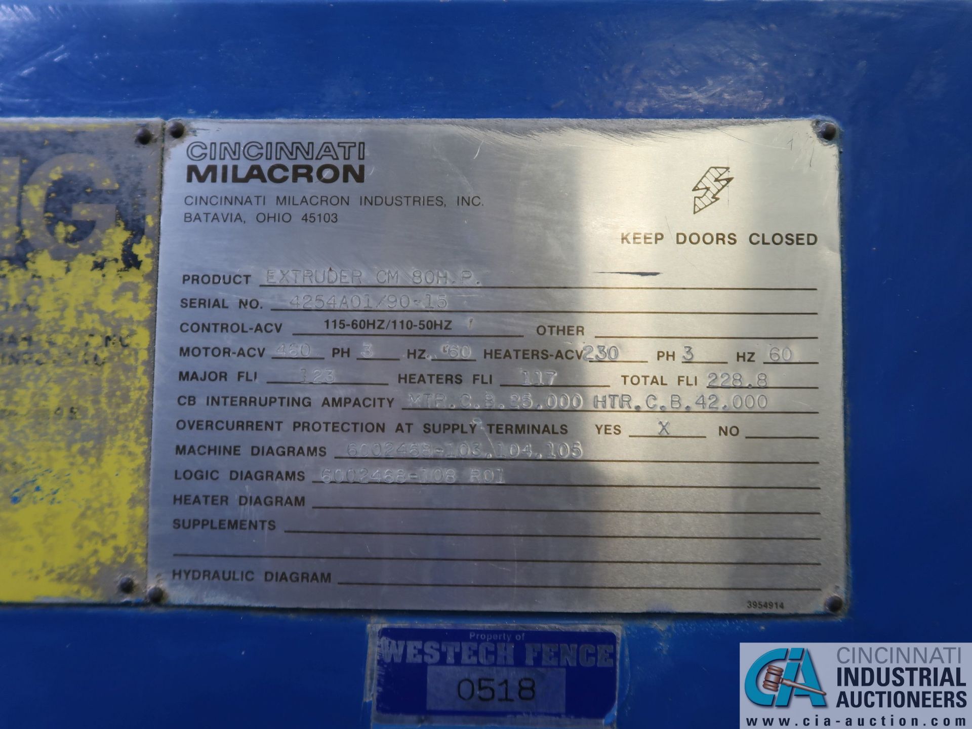 80-MM CINCINNATI MILACRON MODEL CM80 EXTRUDER; S/N 4254A01/90-15, 100 HP MOTOR - Image 19 of 23