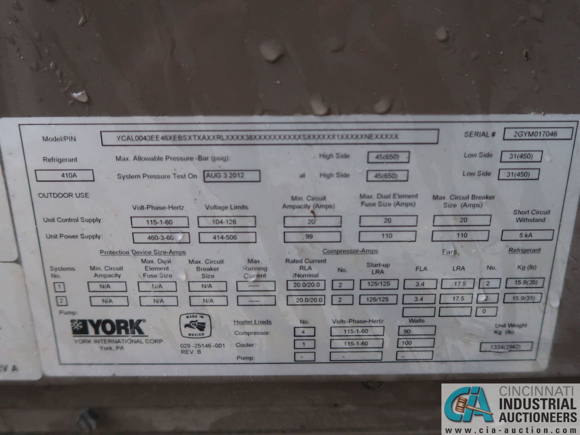 YORK MODEL YCAL0043EE46X AIR COOLED CHILLER; S/N 2GYM017046, R410A (2012) - Image 7 of 7
