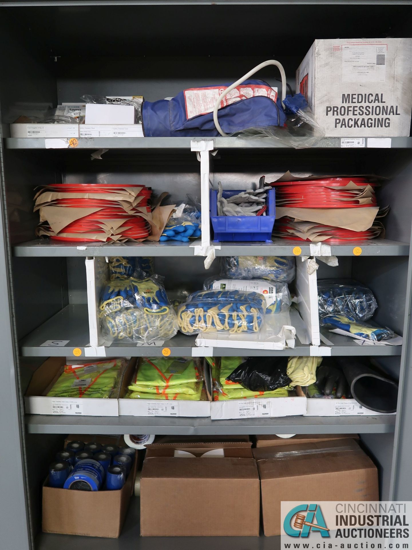 (LOT) SAFETY SUPPLIES, GLOVES, EAR PLUGS, AND HI-UIS SAFETY VESTS WITH TWO-DOOR STORAGE LOCKER - Image 2 of 7