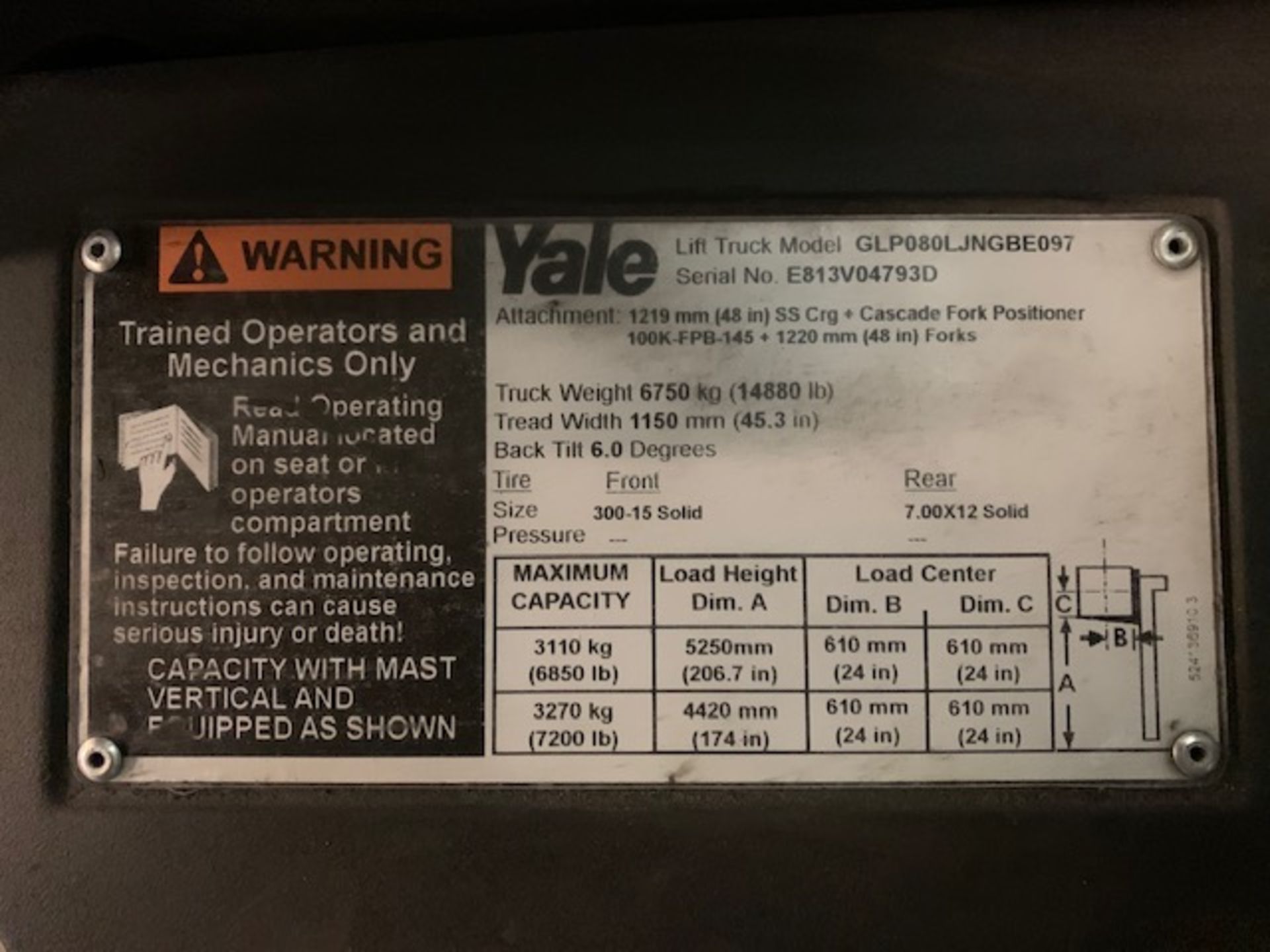 8,000 LB YALE MODEL GLP080 LP GAS LIFT TRUCK; S/N E813V04793D, 206" LIFT HEIGHT, 15,714 HOURS SHOWIN - Image 7 of 8