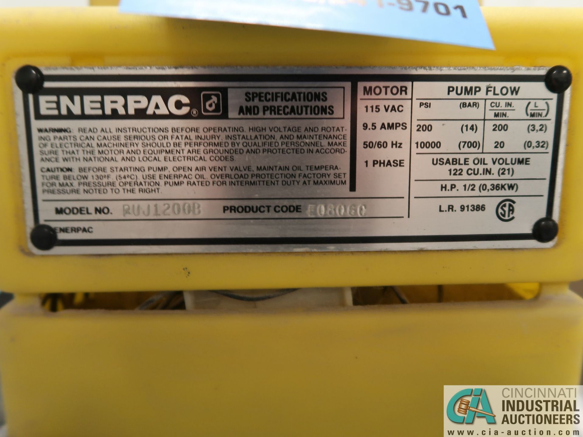 10,000 PSI ENERPAC MODEL PUJ1200B ELECTRIC PENDENT CONTROL HYDRAULIC PUMP WITH ENERPAC MODEL P142 - Image 2 of 2