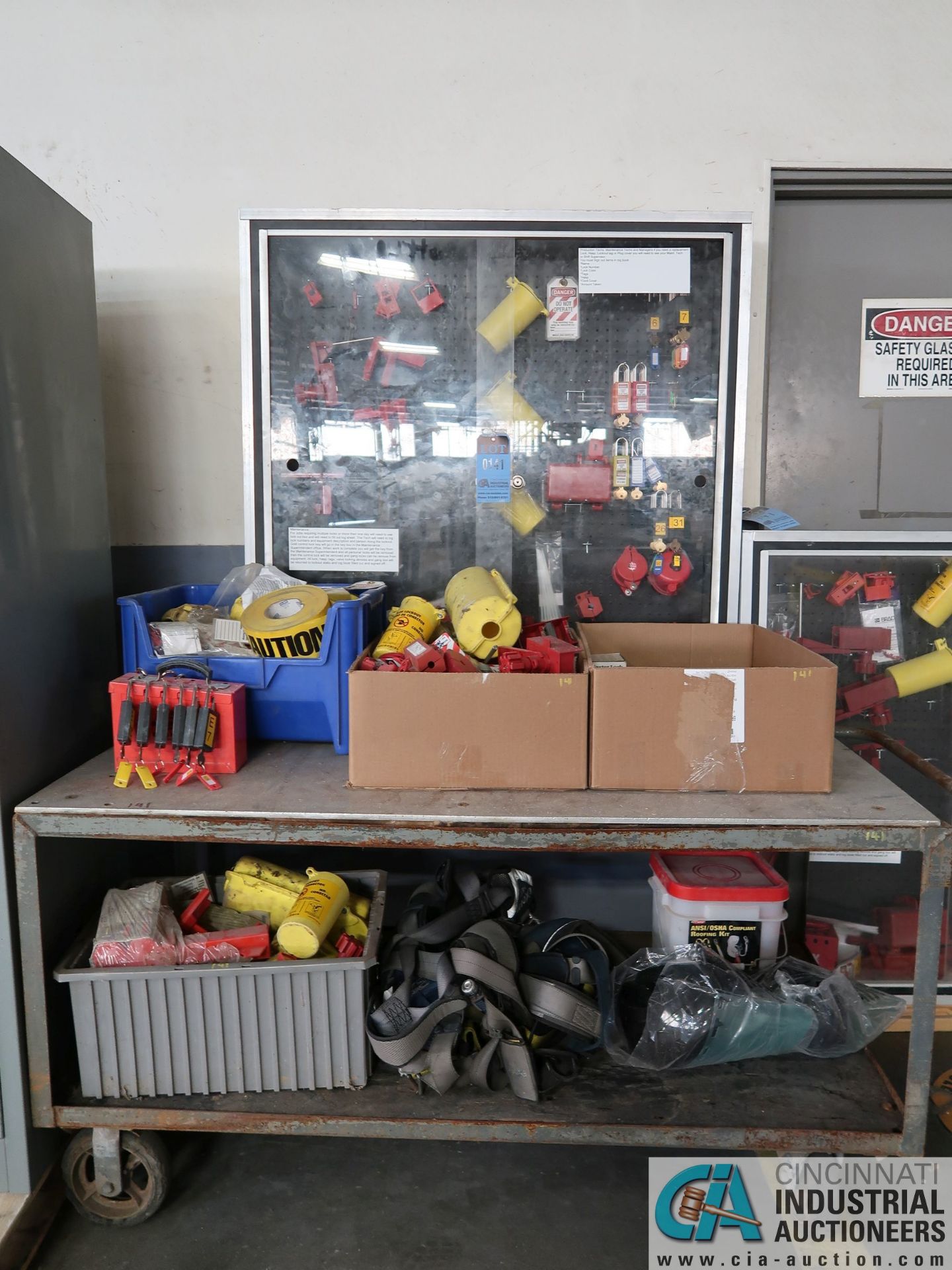 (LOT) LARGE ASSORTMENT LOCK-OUT DEVICES, SAFETY EQUIPMENT WITH CART AND CABINET