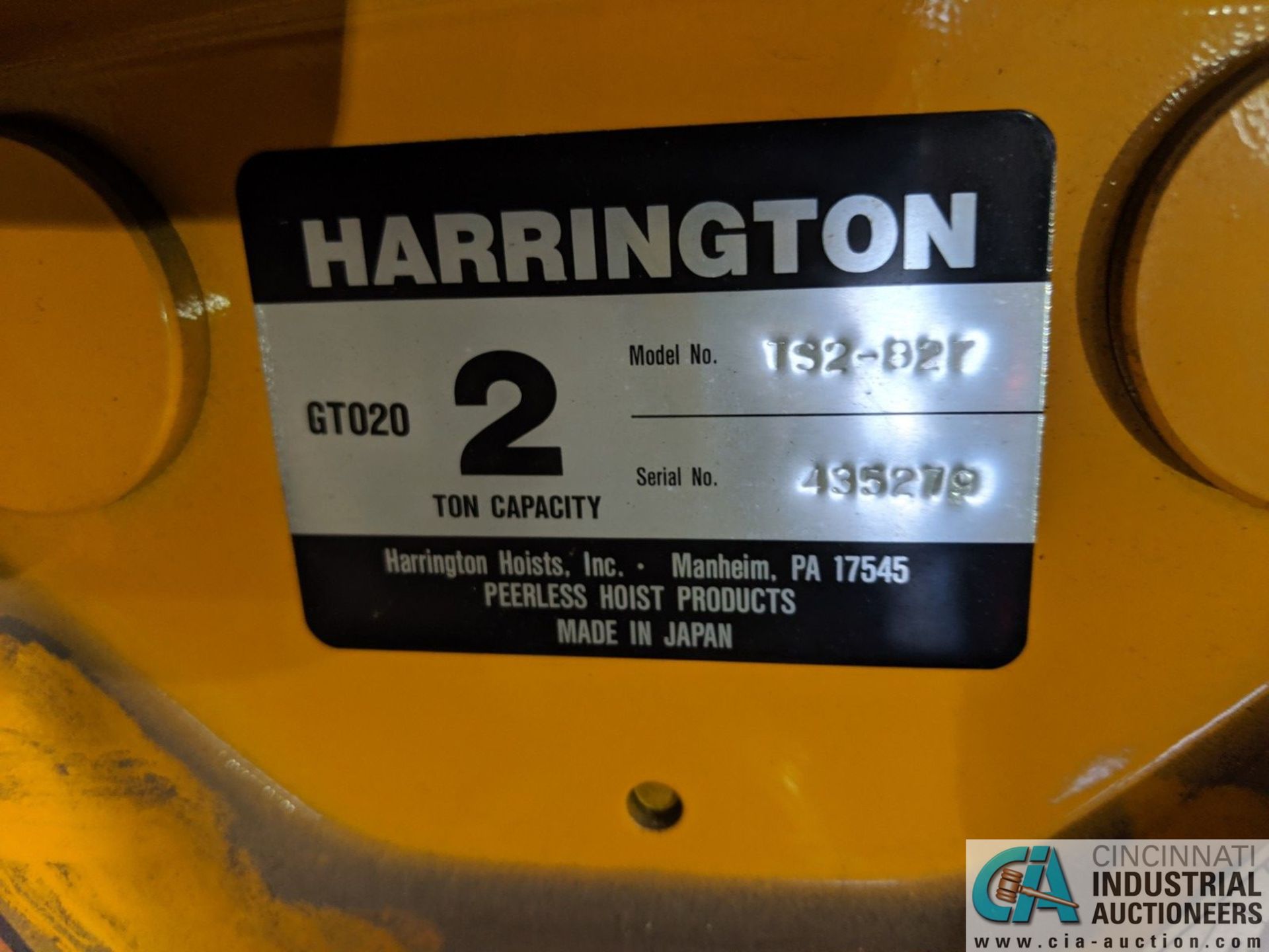 2 TON HARRINGTON MODEL GTO20 ELECTRIC CHAIN HOIST WITH TROLLEY; S/N 00098229 **RIGGING FEE DUE - Image 5 of 5