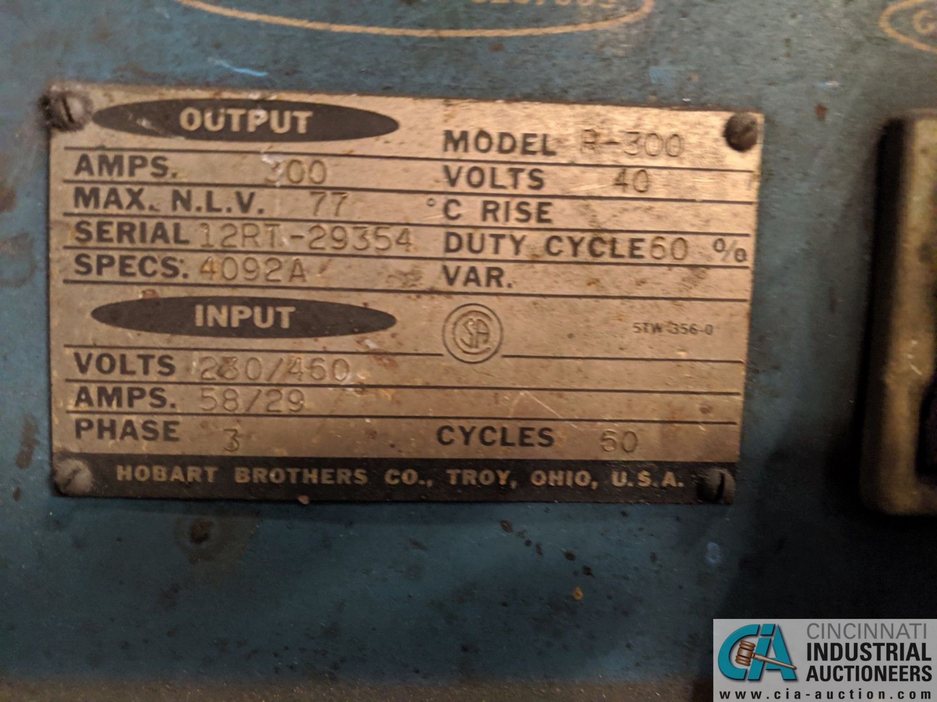 300 AMP HOBART MODEL R-300 WELDING POWER SOURCE; S/N 12RT-29354 **RIGGING FEE DUE INDUSTRIAL SERVICE - Image 3 of 3