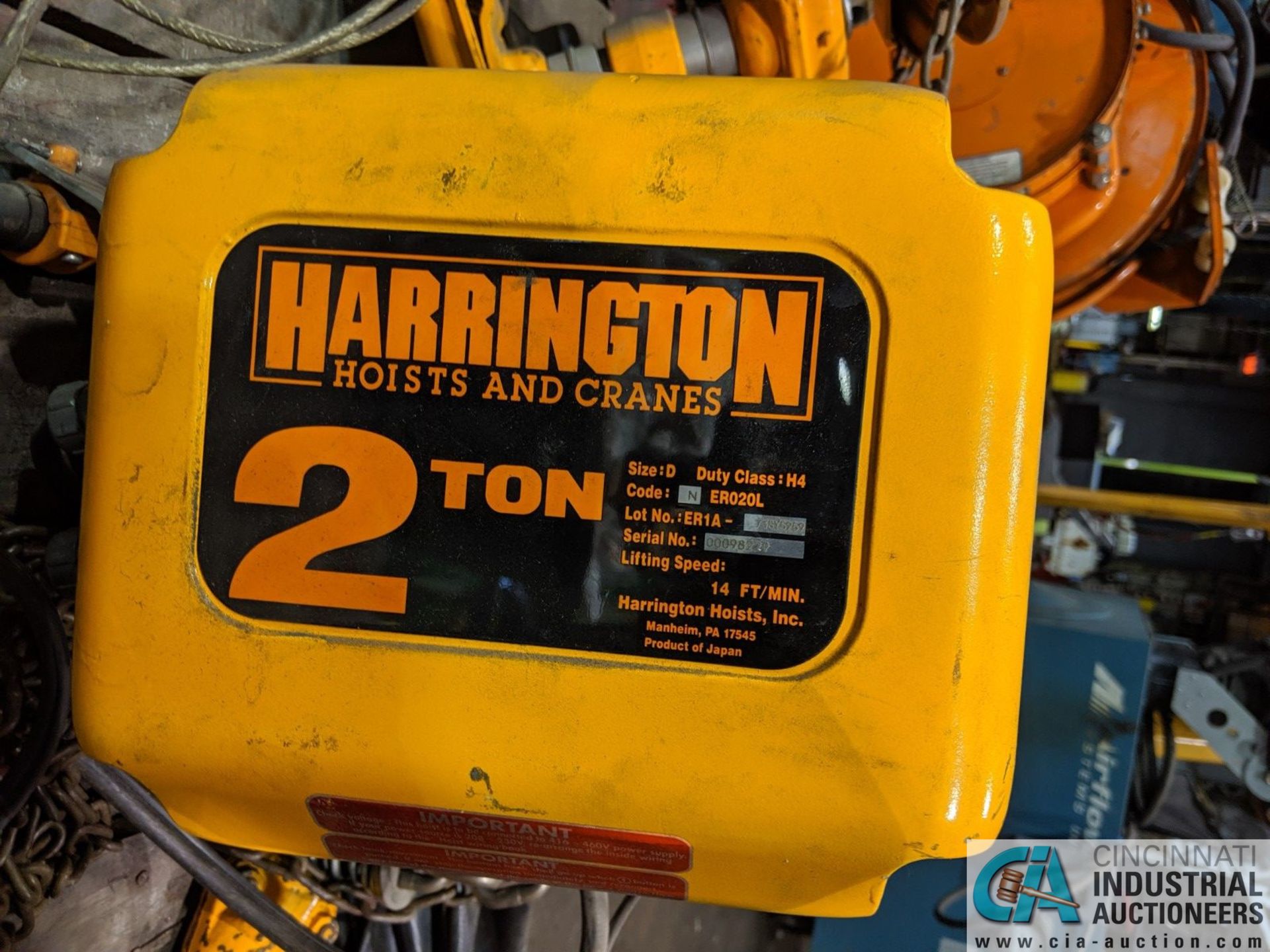 2 TON HARRINGTON MODEL GTO20 ELECTRIC CHAIN HOIST WITH TROLLEY; S/N 00098229 **RIGGING FEE DUE - Image 2 of 5