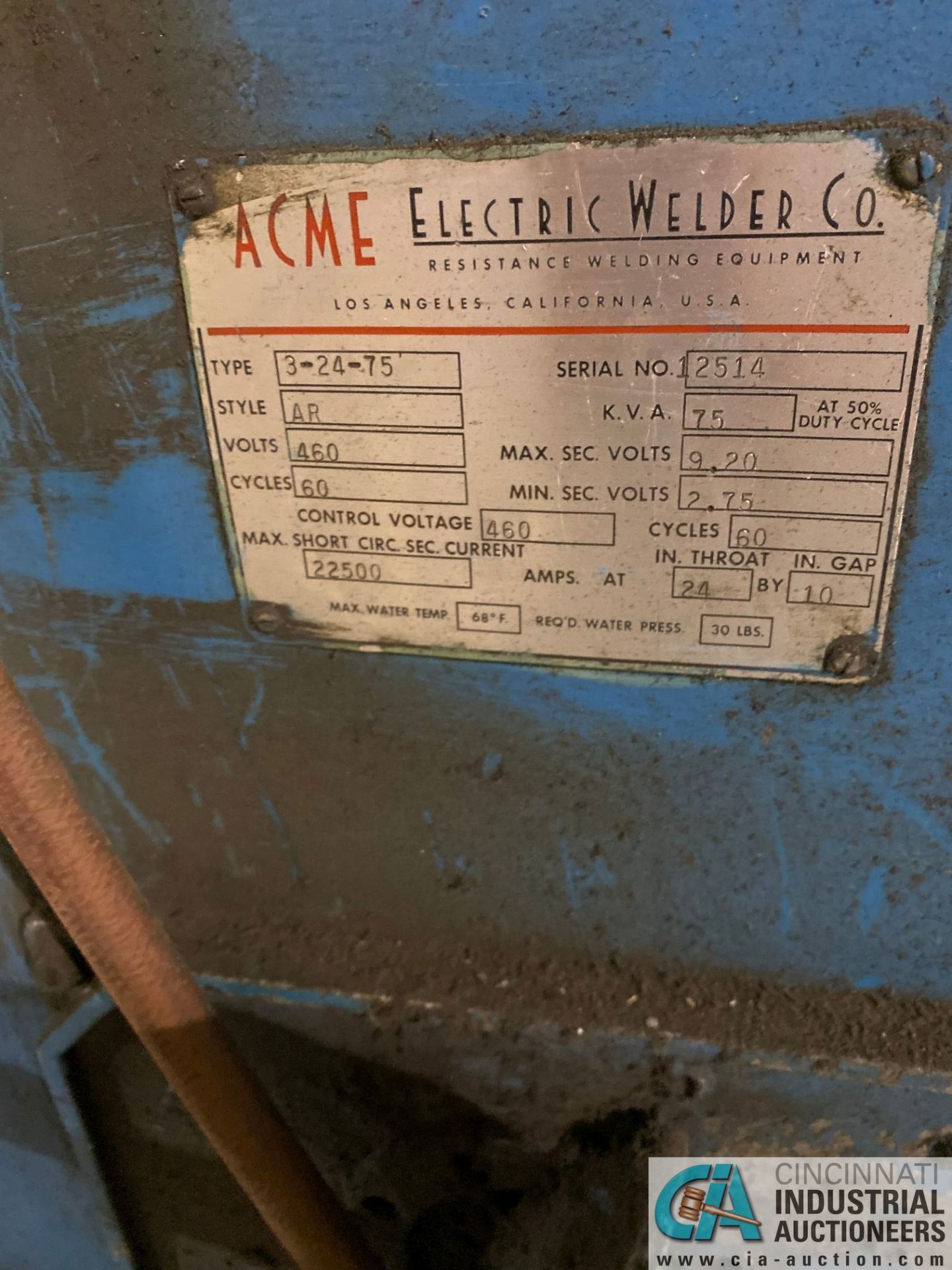 75 KVA ACME MODEL AR SPOT WELDER; S/N 12514, 28" THROAT - Image 3 of 4