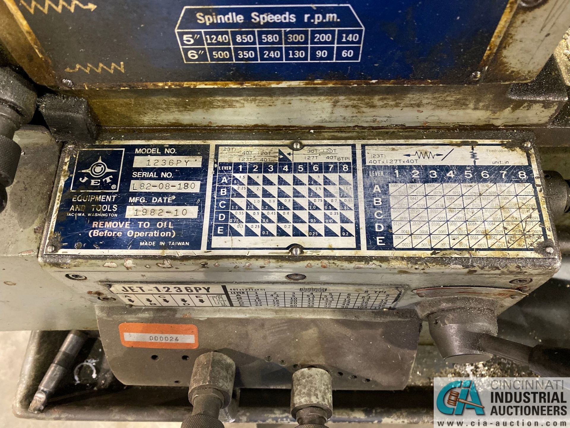 12" X 36" JET MODEL 1236PY ENGINE LATHE; S/N L82-08-180, 6" 3-JAW CHUCK, SPINDLE SPEED 60-1240 RPM - Image 3 of 4