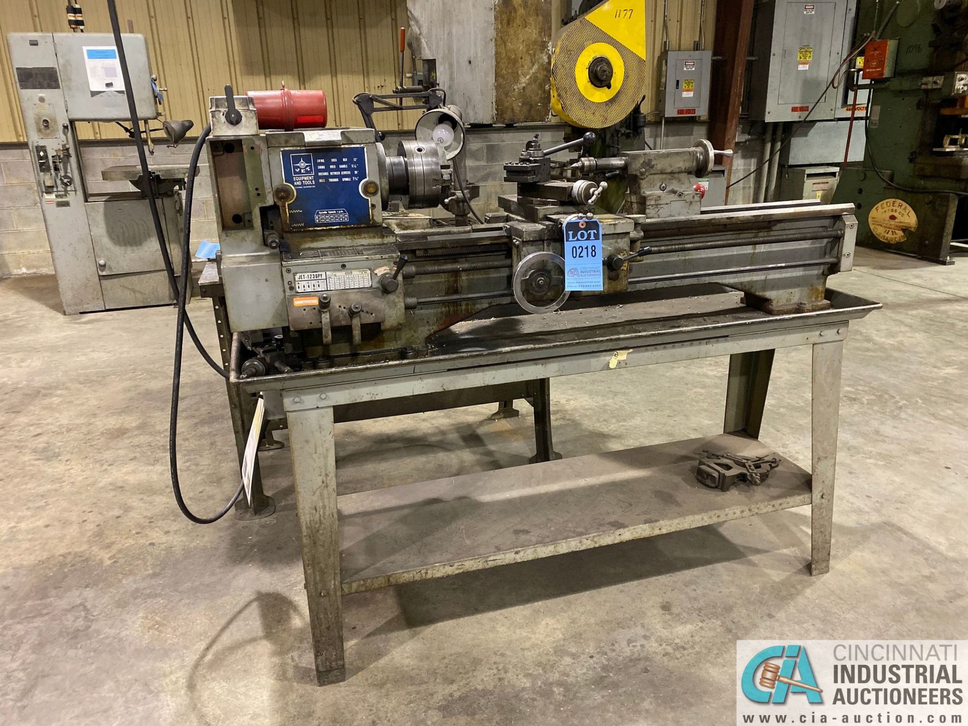 12" X 36" JET MODEL 1236PY ENGINE LATHE; S/N L82-08-180, 6" 3-JAW CHUCK, SPINDLE SPEED 60-1240 RPM