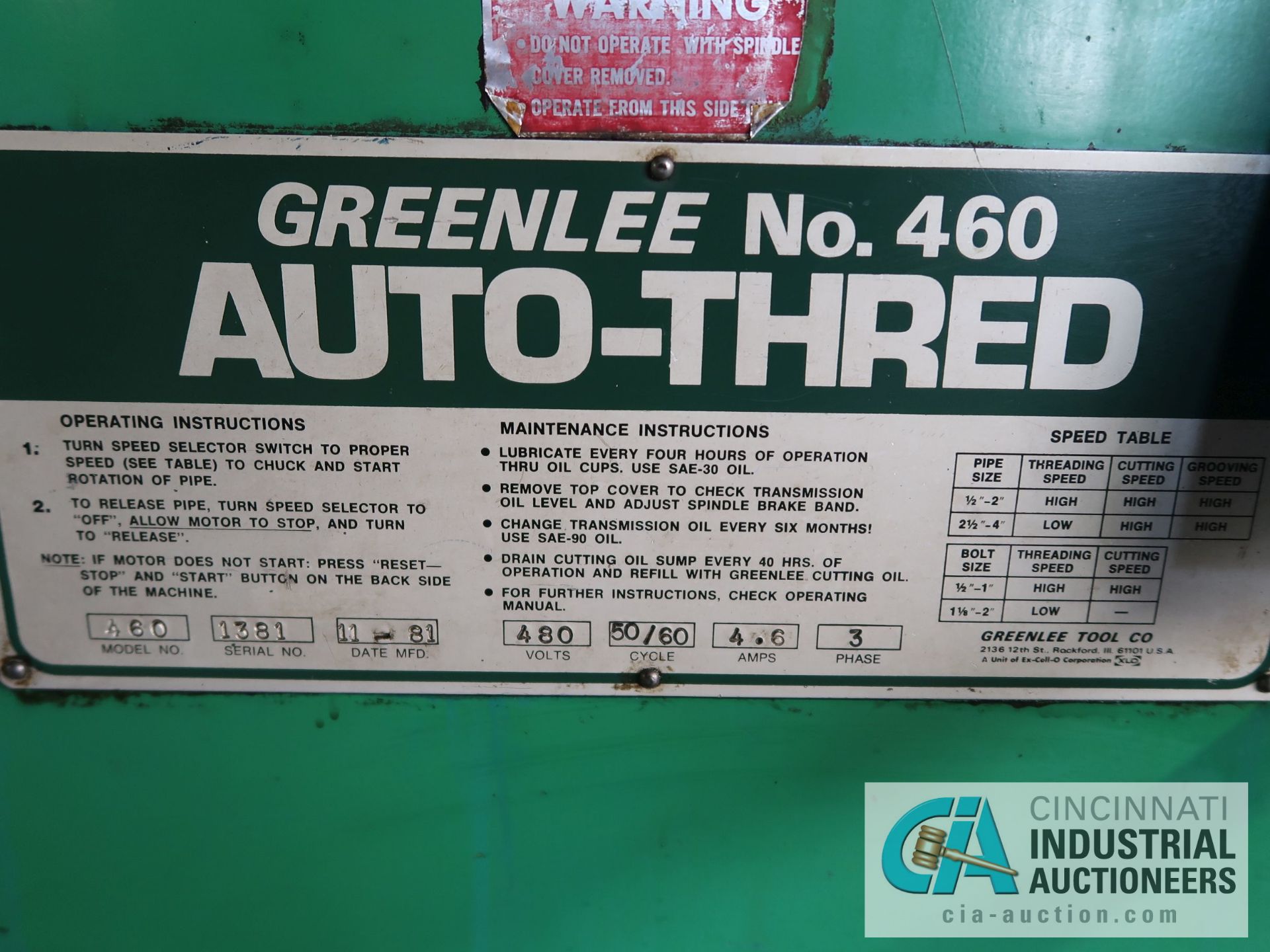 1/2" - 4" GREENLEE MODEL 460 AUTO-THREAD TRAILER MOUNTED PIPE THREADER; S/N 1381, 1/2" - 4" PIPE - Image 6 of 6