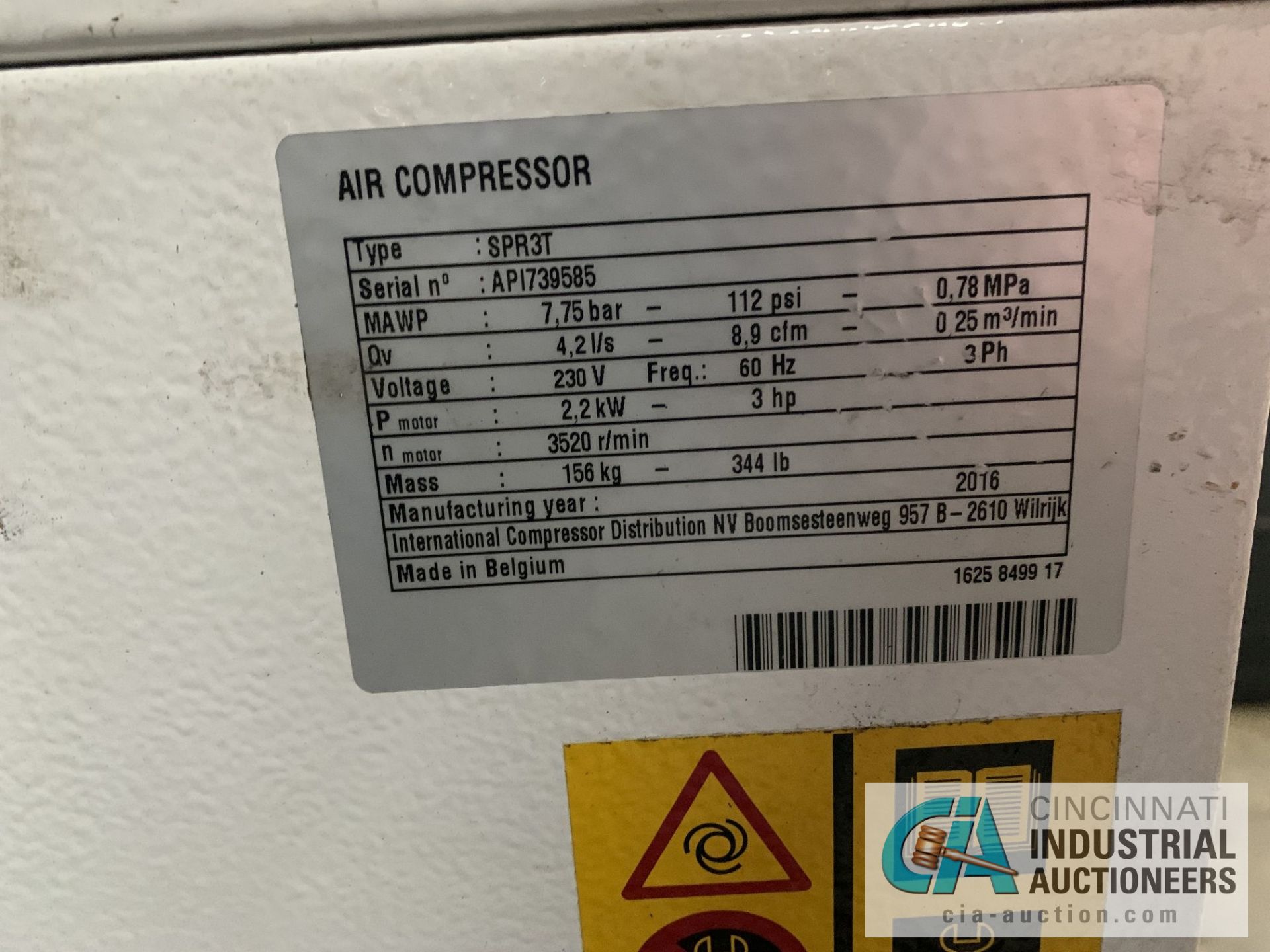 3 HP SPIRAL AIR TYPE SPR-3T AIR COMPRESSOR; S/N API739585, 11,261 HOURS SHOWING (NEW 2016) - Image 4 of 5