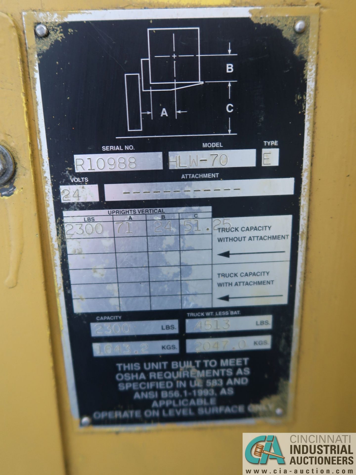 2,300 LB. RICO MODEL HLW-70 24-VOLT WALK-BEHIND STRADDLE LIFT TRUCK; S/N R-10988, 71" LIFT HEIGHT, - Image 4 of 5