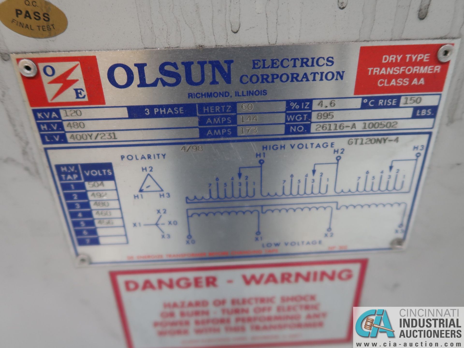 120 KVA OLSUN DRY TYPE TRANSFORMER *$25.00 RIGGING FEE DUE TO INDUSTRIAL SERVICES AND SALES* - Image 2 of 2