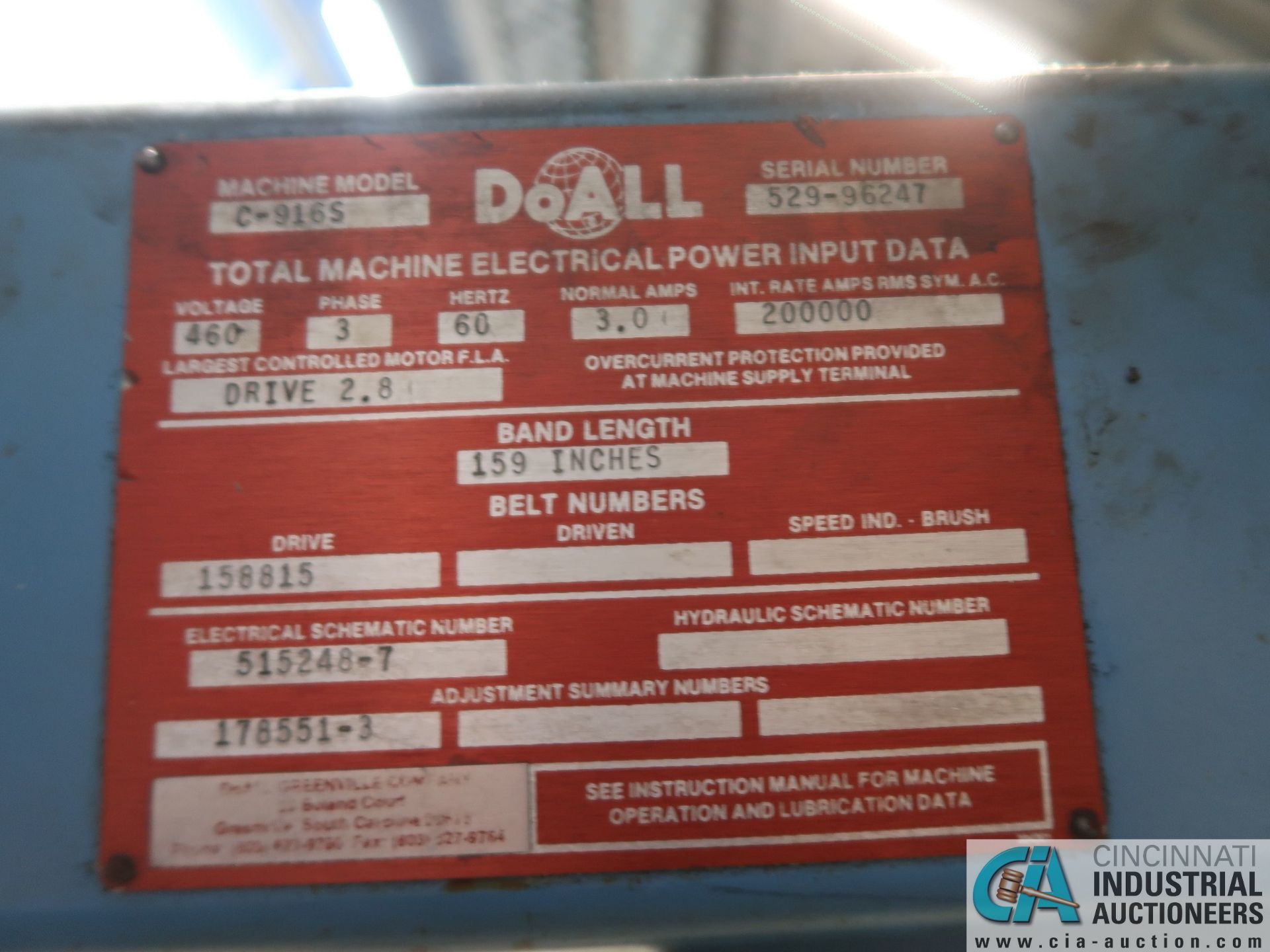 9" X 16" DOALL MODEL C-916 HORIZONTAL BAND SAW; S/N 529-96247 *$400.00 RIGGING FEE DUE TO INDUSTRIA - Image 7 of 7