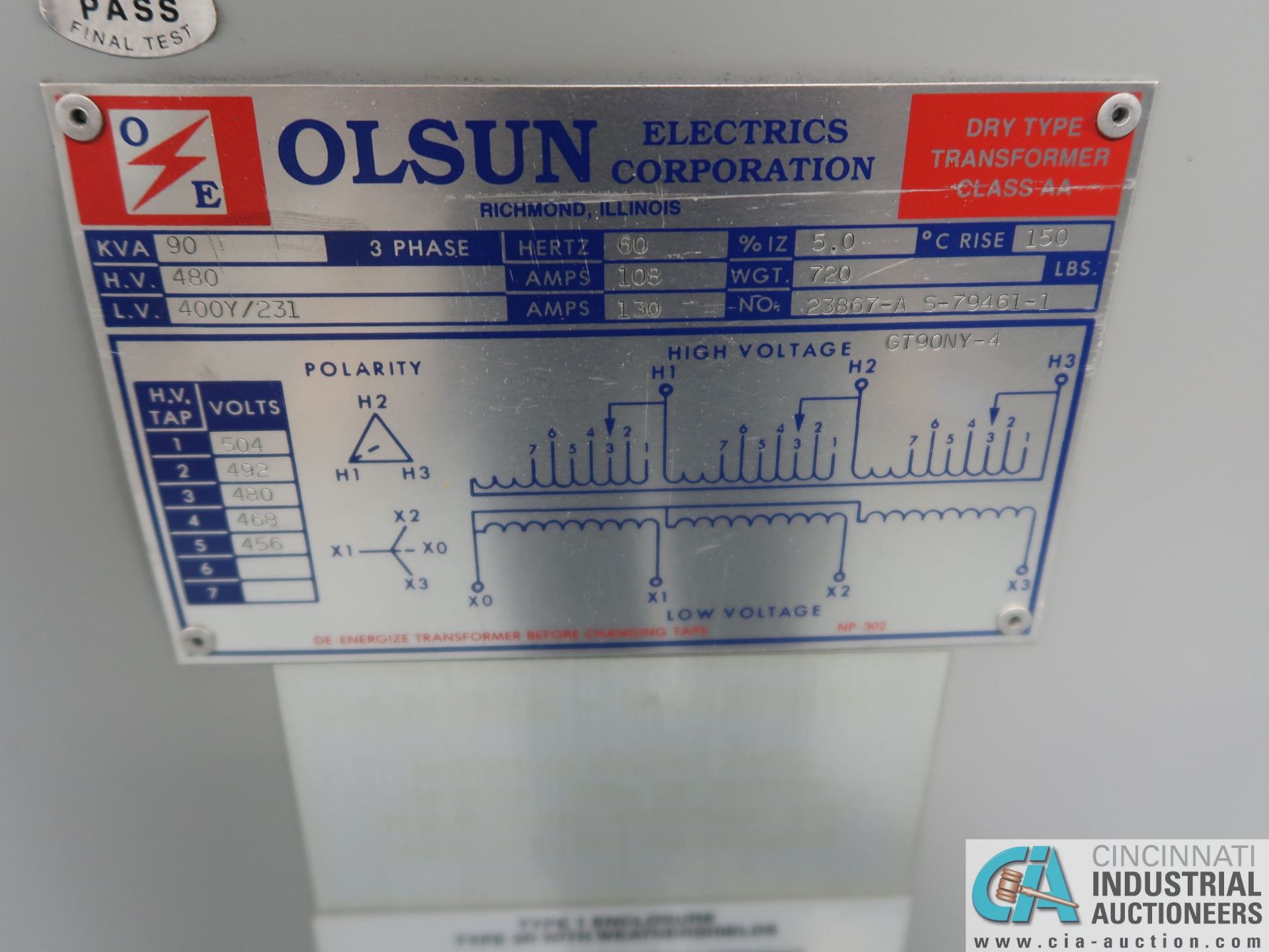 90 KVA OLSUN DRY TYPE TRANSFORMER *$25.00 RIGGING FEE DUE TO INDUSTRIAL SERVICES AND SALES* - Image 2 of 2