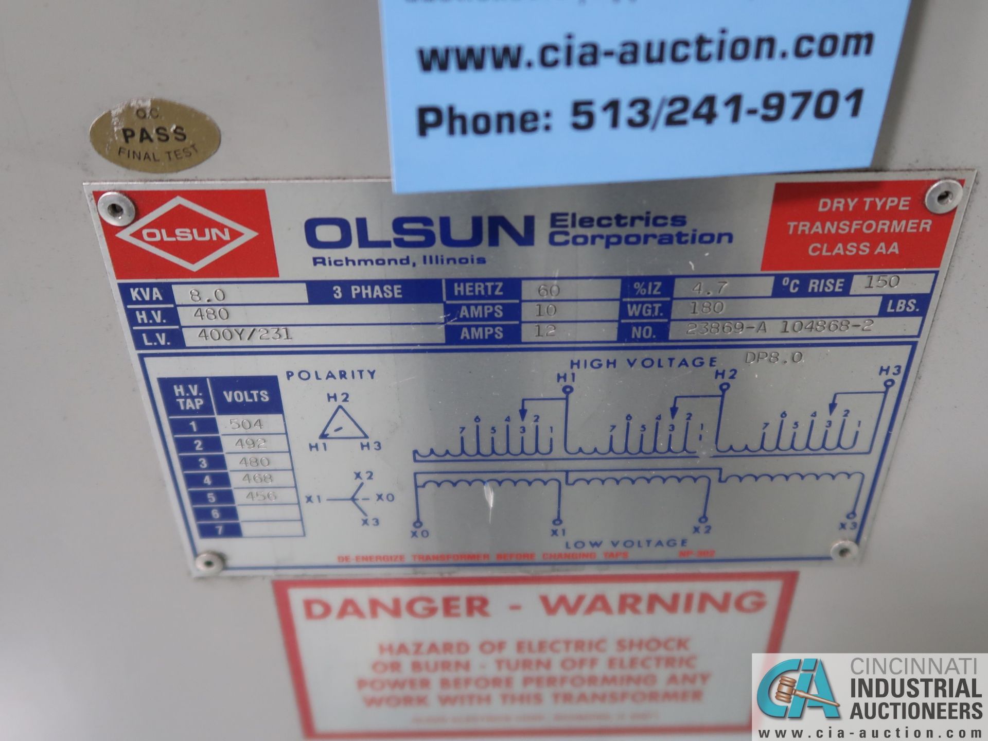 8.0 KVA OLSUN DRY TYPE TRANSFORMER *$25.00 RIGGING FEE DUE TO INDUSTRIAL SERVICES AND SALES* - Image 2 of 2