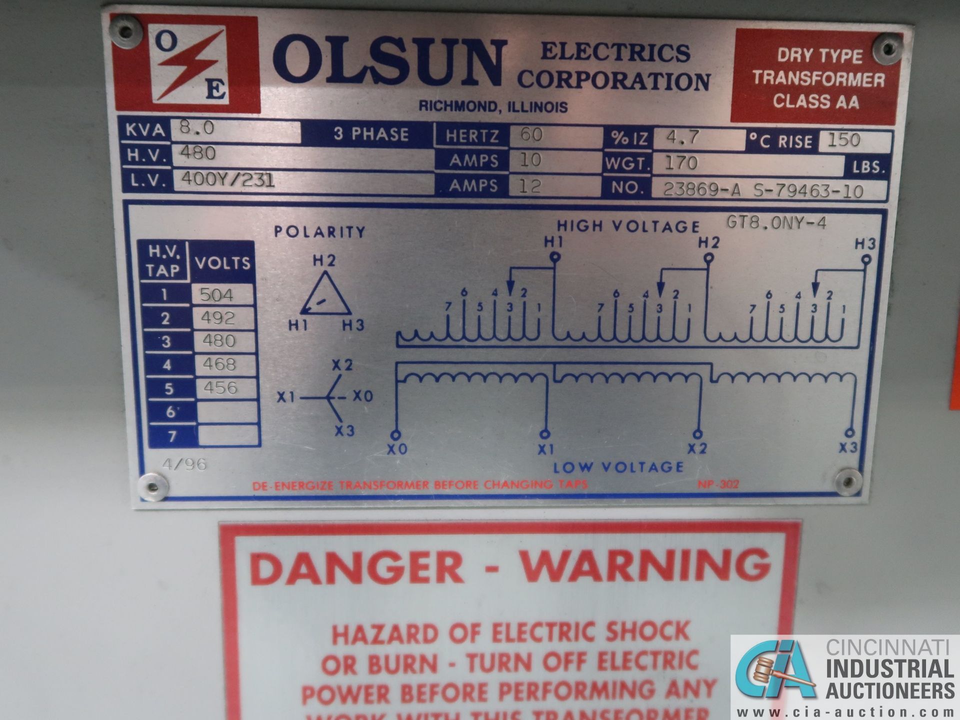 8.0 KVA OLSUN DRY TYPE TRANSFORMER *$25.00 RIGGING FEE DUE TO INDUSTRIAL SERVICES AND SALES* - Image 2 of 2