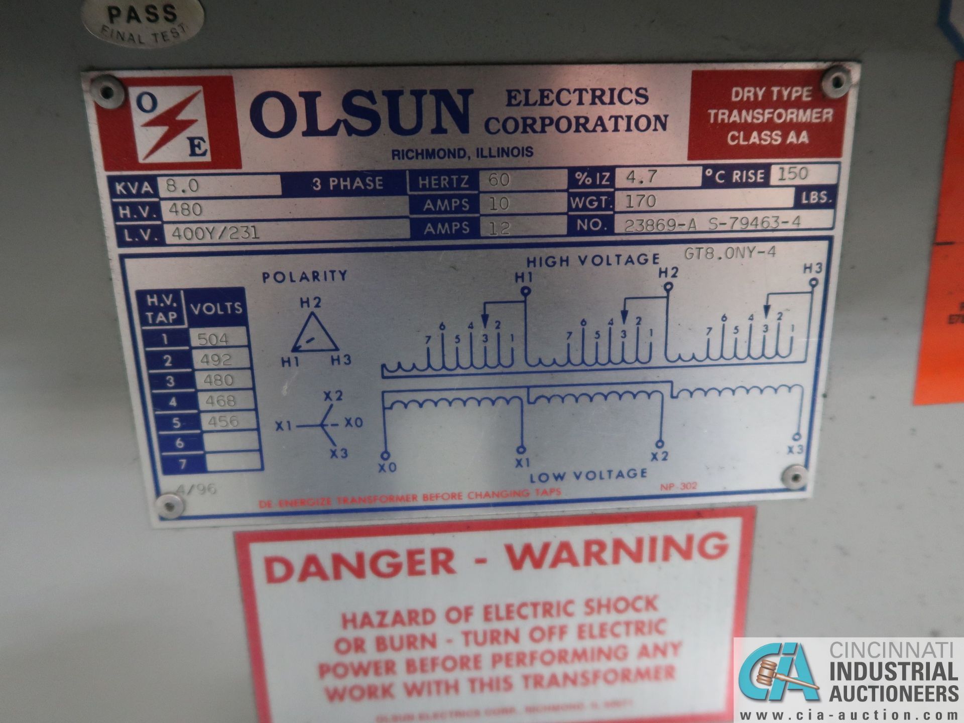 8.0 KVA OLSUN DRY TYPE TRANSFORMER *$25.00 RIGGING FEE DUE TO INDUSTRIAL SERVICES AND SALES* - Image 2 of 2