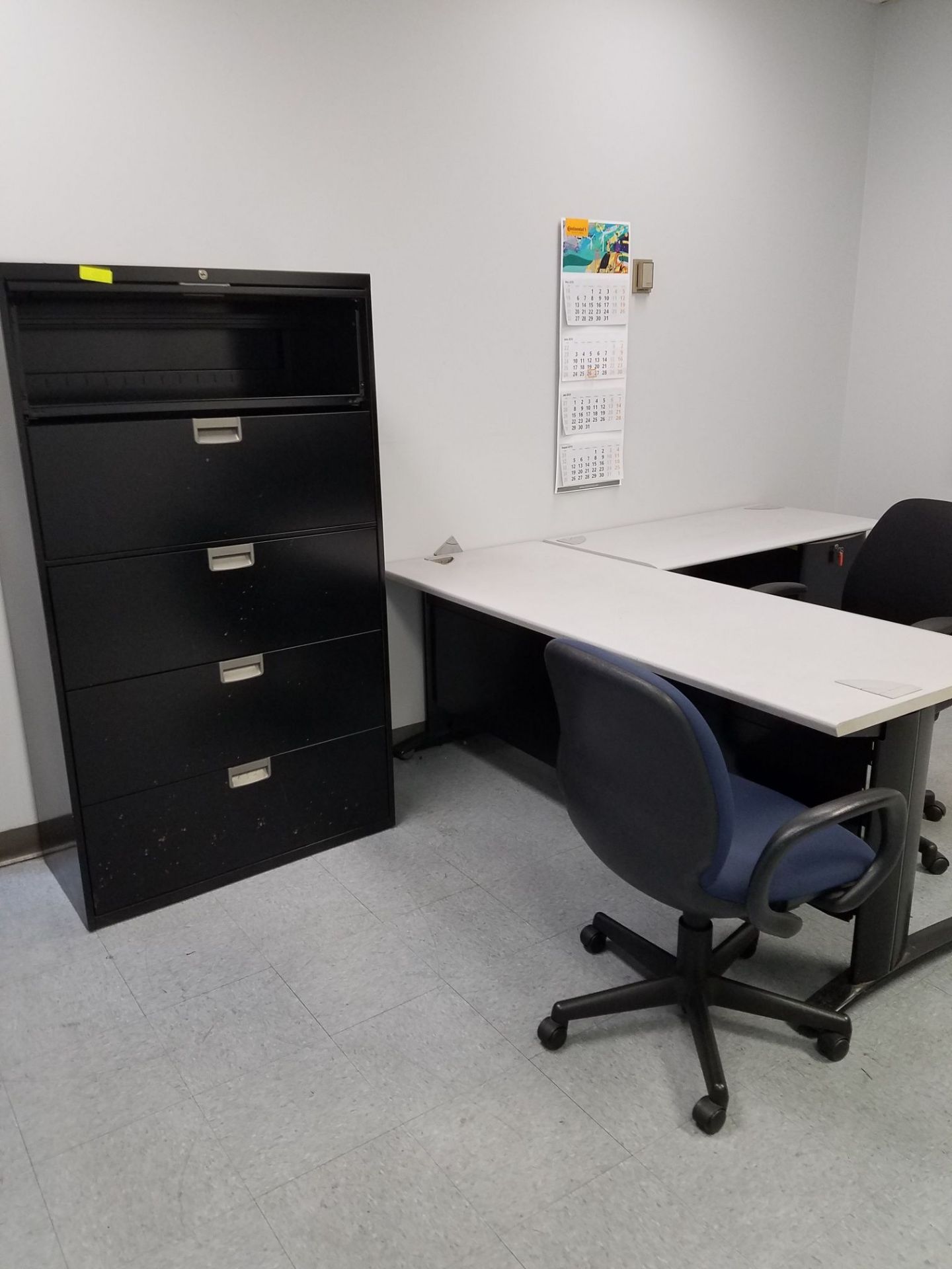 (LOT) FORMICA TOP DESKS WITH CHAIRS, FILE AND STORAGE CABINETS **NO WALL / FLOOR MOUNTED CONTENTS**