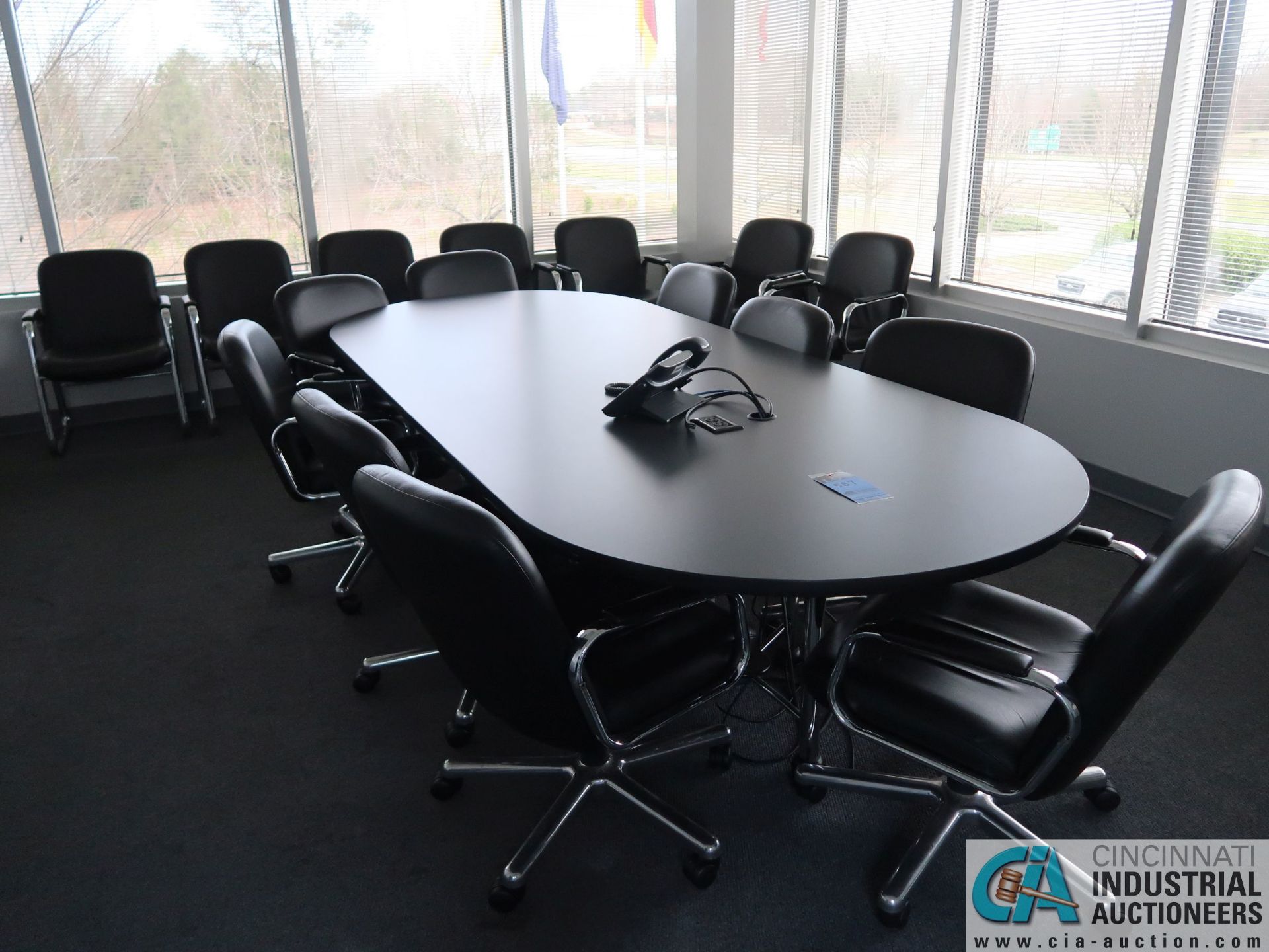 48" X 120" LAMINATED TOP OVAL SHAPE CONFERENCE TABLE WITH (9) SWIVEL ARM CHAIRS & (6) ARM CHAIRS