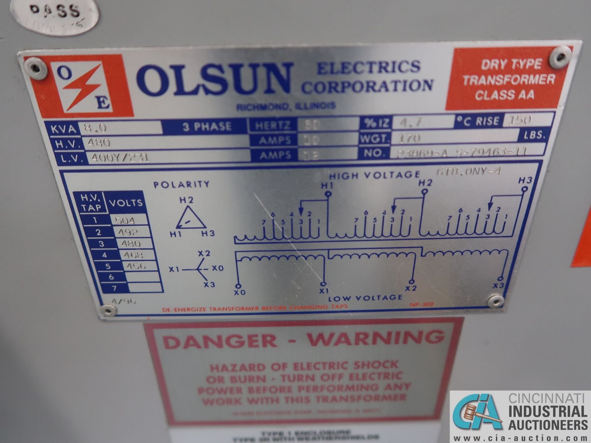 8.0 KVA OLSUN DRY TYPE TRANSFORMER *$25.00 RIGGING FEE DUE TO INDUSTRIAL SERVICES AND SALES* - Image 2 of 2