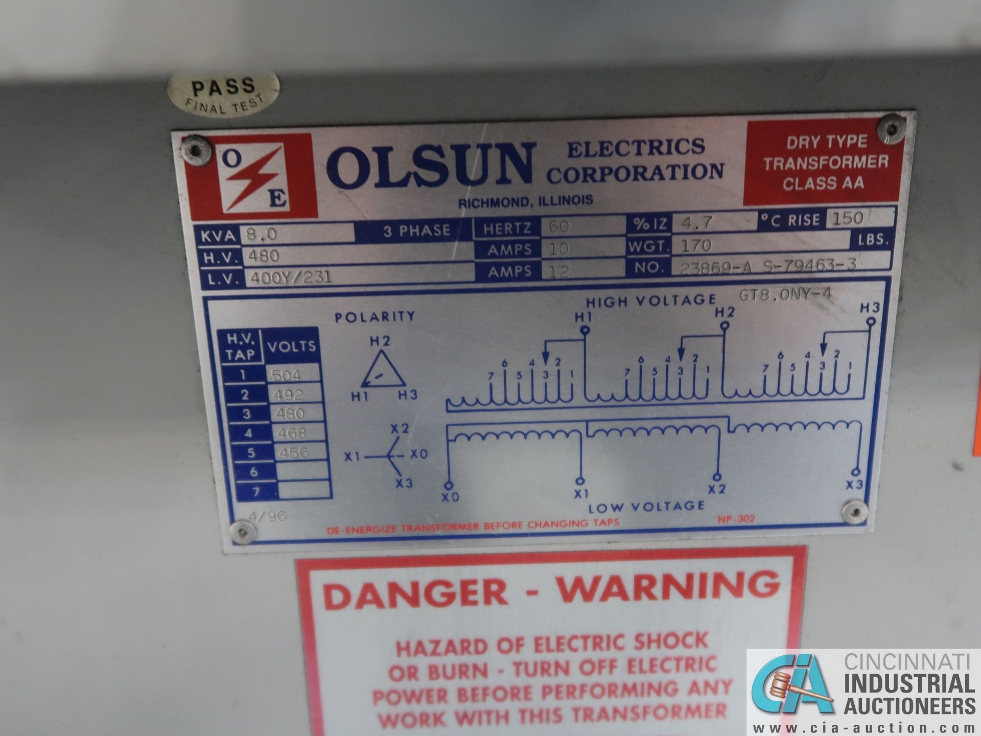 8.0 KVA OLSUN DRY TYPE TRANSFORMER *$25.00 RIGGING FEE DUE TO INDUSTRIAL SERVICES AND SALES* - Image 2 of 2