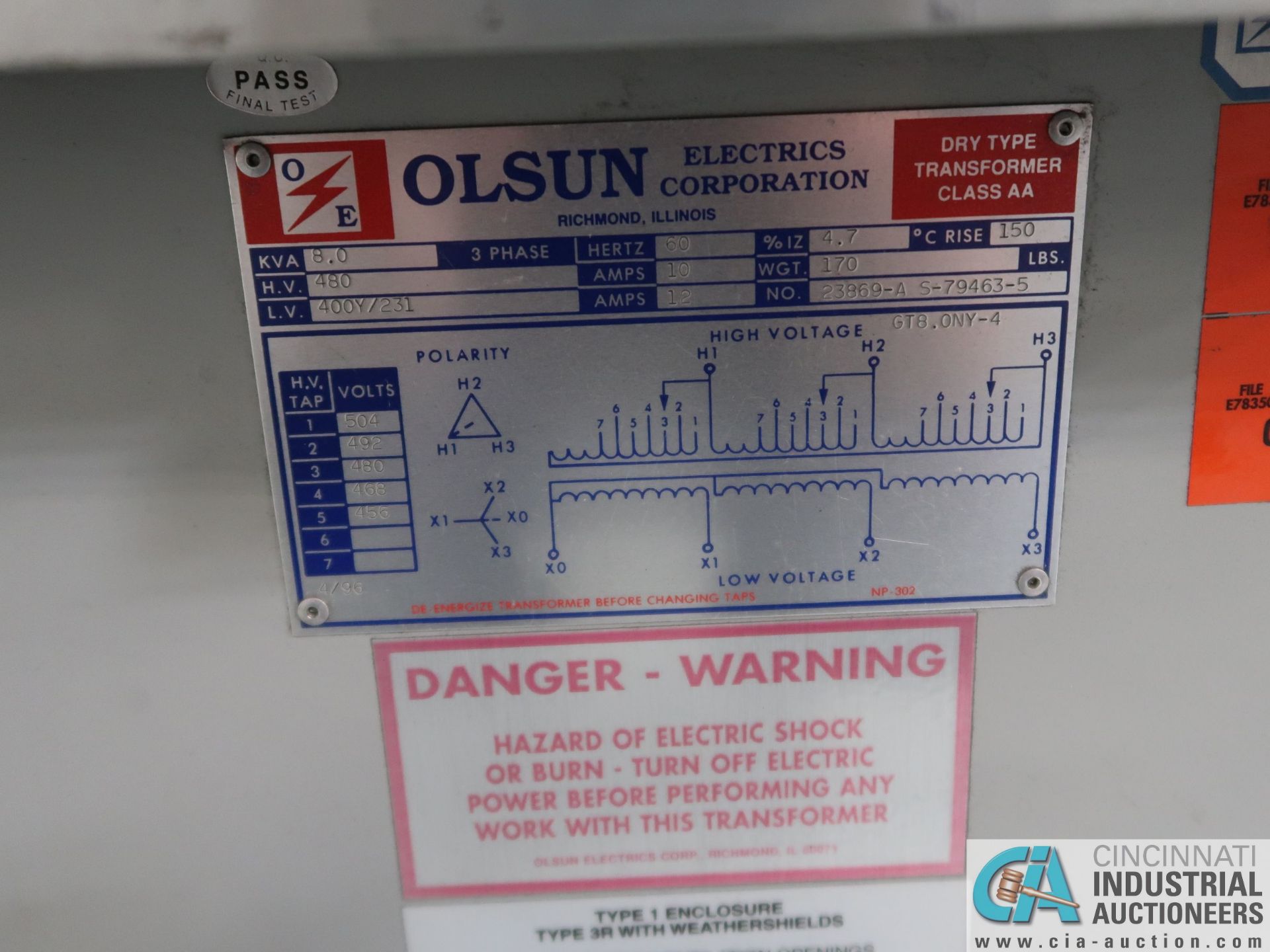 8.0 KVA OLSUN DRY TYPE TRANSFORMER *$25.00 RIGGING FEE DUE TO INDUSTRIAL SERVICES AND SALES* - Image 2 of 2