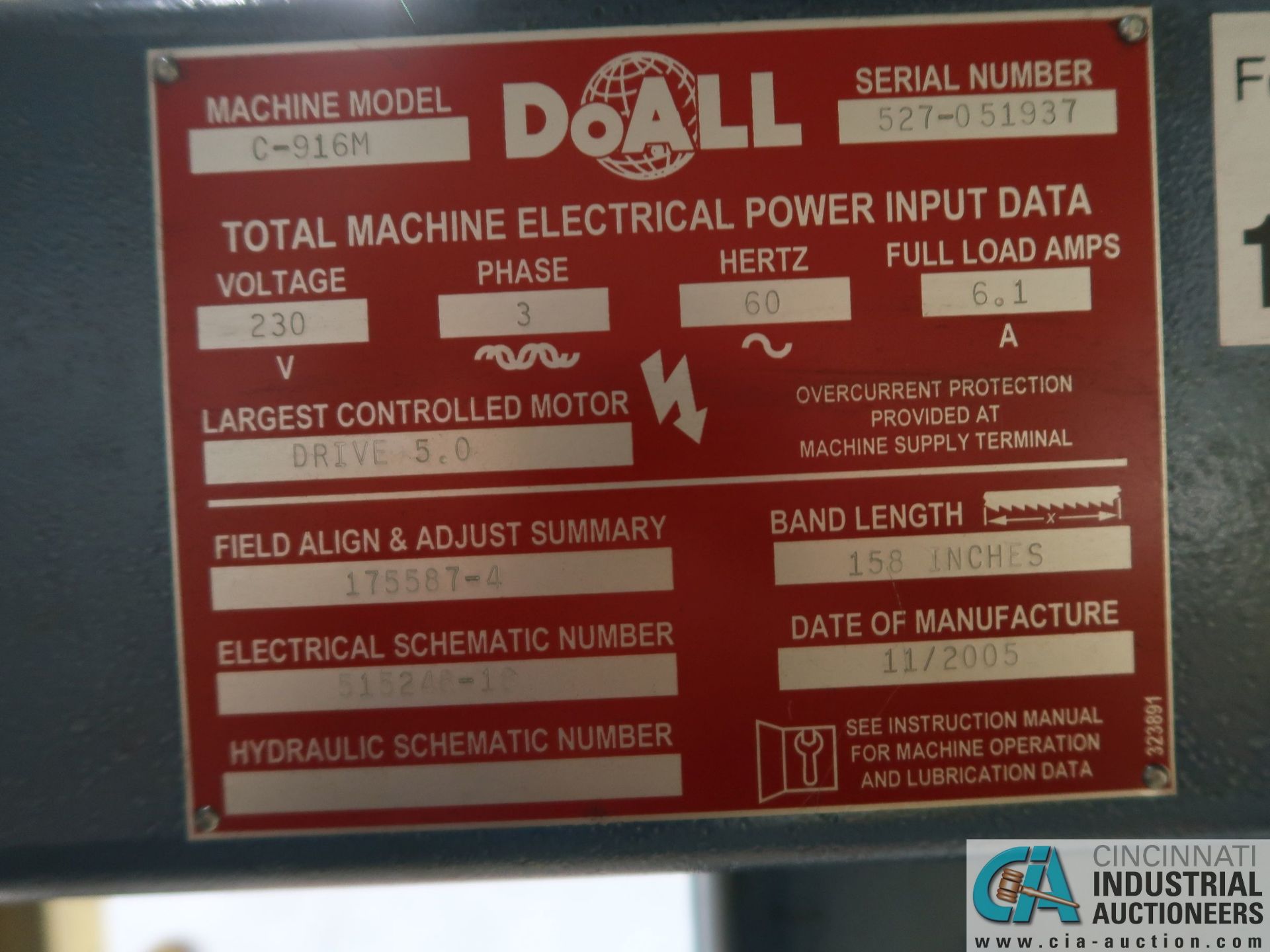 9" X 16" DOALL MODEL C-916 HORIZONTAL BAND SAW; S/N 529-051937 *$300.00 RIGGING FEE DUE TO - Image 9 of 9