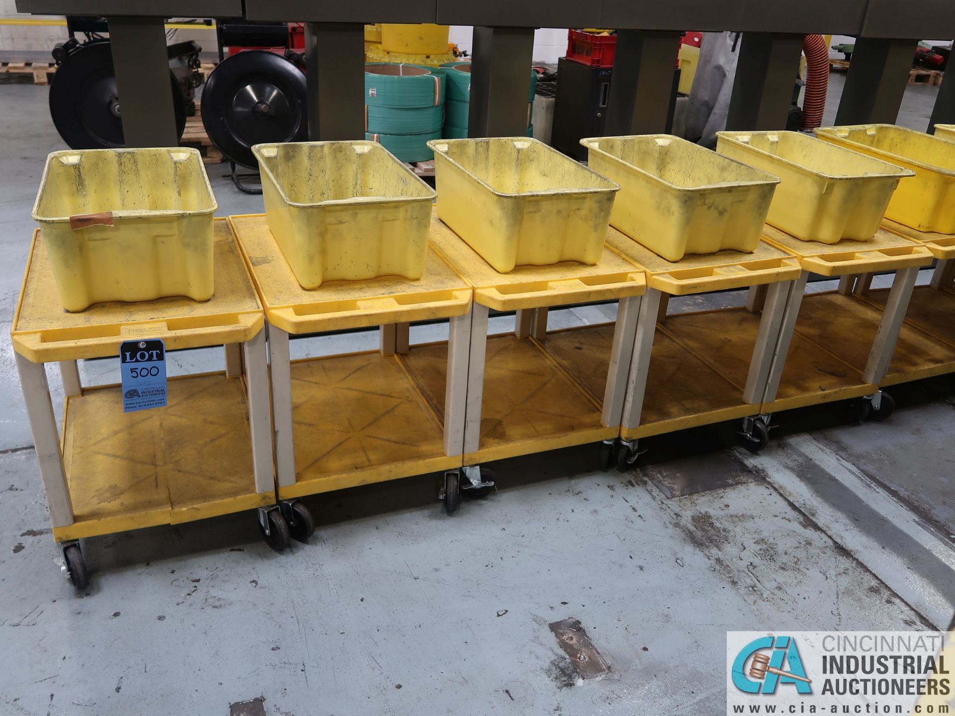 18" X 24" X 24" HIGH THE TUFFY YELLOW UTILITY CARTS WITH MOUNTED PARTS TOTE